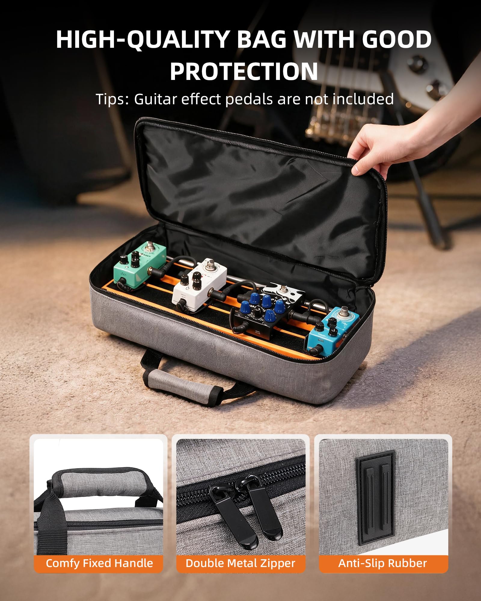 LEKATO Pedalboard Gitarre mit integriertem Netzteil, Aluminiumlegierung Effektboard 45 x 23 x 9cm, Pedalboard Set mit Tasche, Pedalkabeln und Klettstreifen