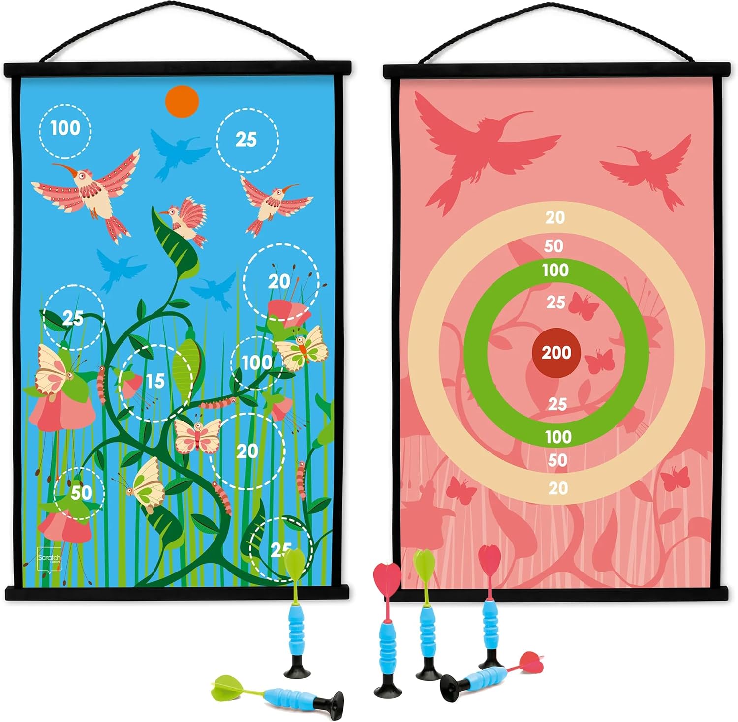 Scratch - Children's Game with Dartboard and Throwing Arrows - Board Game for Girls and Boys from 3 Years Old - Plastic Pointed Dart - Hummingbird Theme