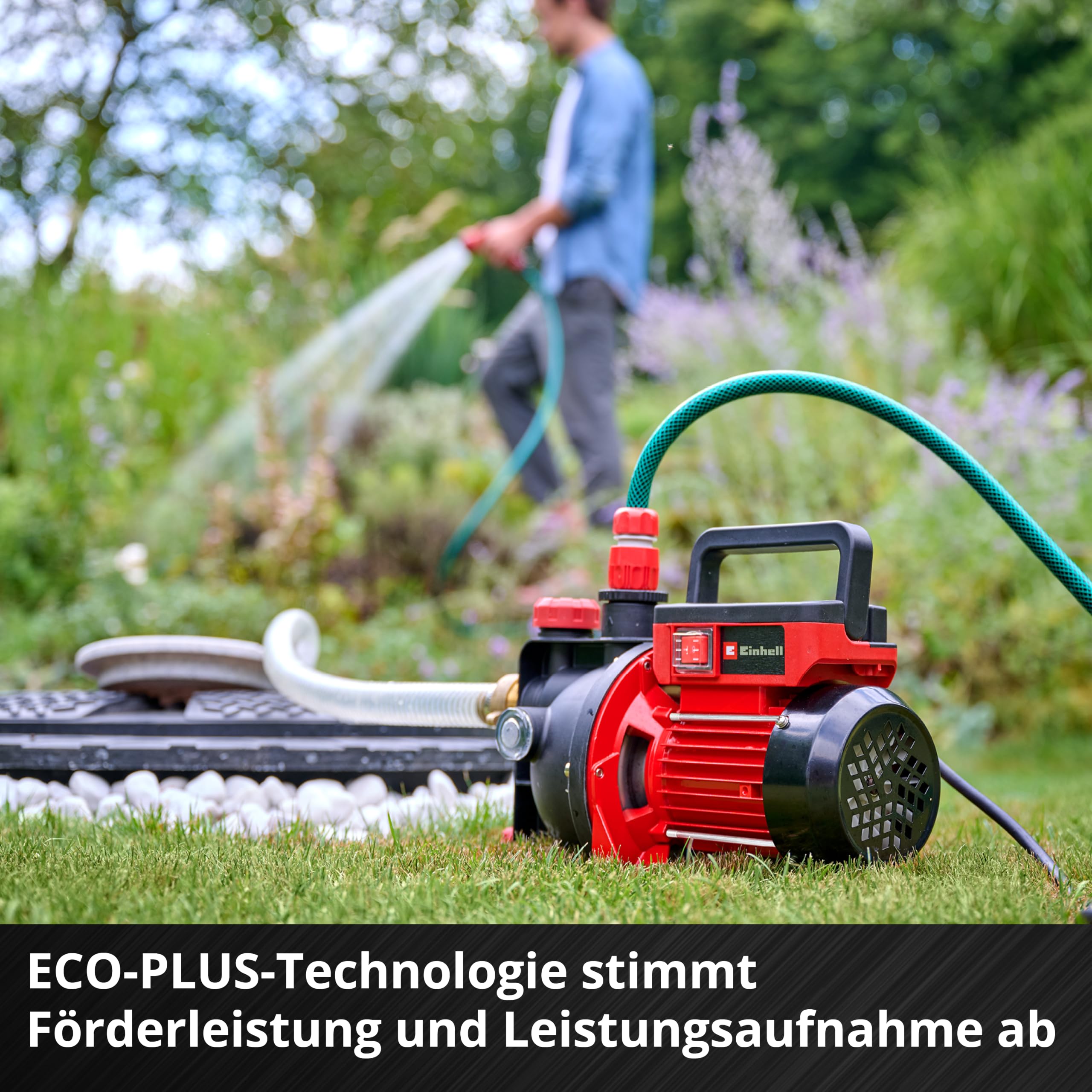 Einhell Gartenpumpe GC-GP 6050 ECO PLUS (max. 5000 L/h Fördermenge, max. 40 m Förderhöhe, ECO PLUS Technologie, Wasserablassschraube, inkl. Universaladapter 33,3 mm)