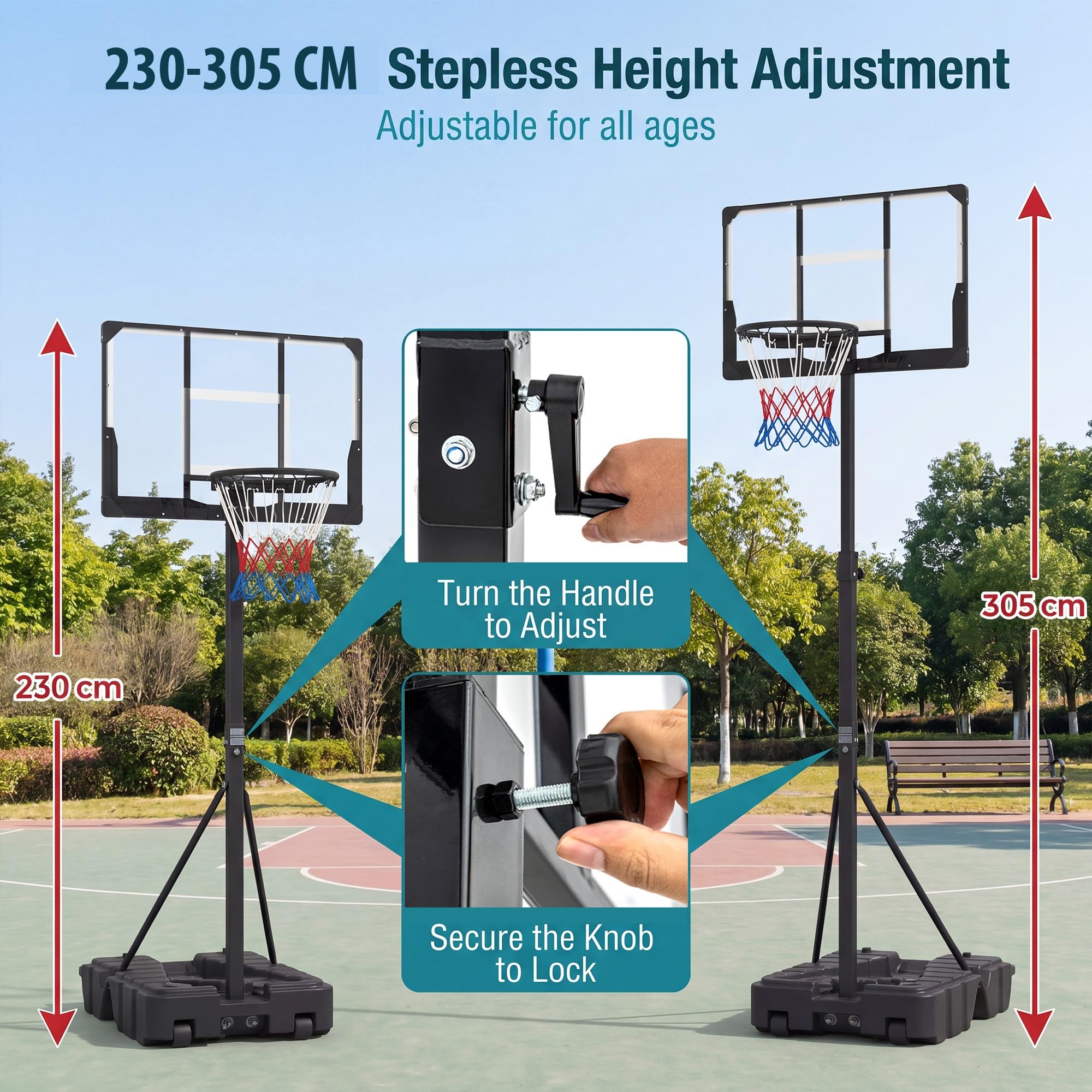 LIFEZEAL canestro basket esterno Altezza Regolabile 230-305 cm, canestro da basket Portatile con Ruote, Base Riempibile, Tabellone in PC, per Esterno, Interno, per Adulti Professionale