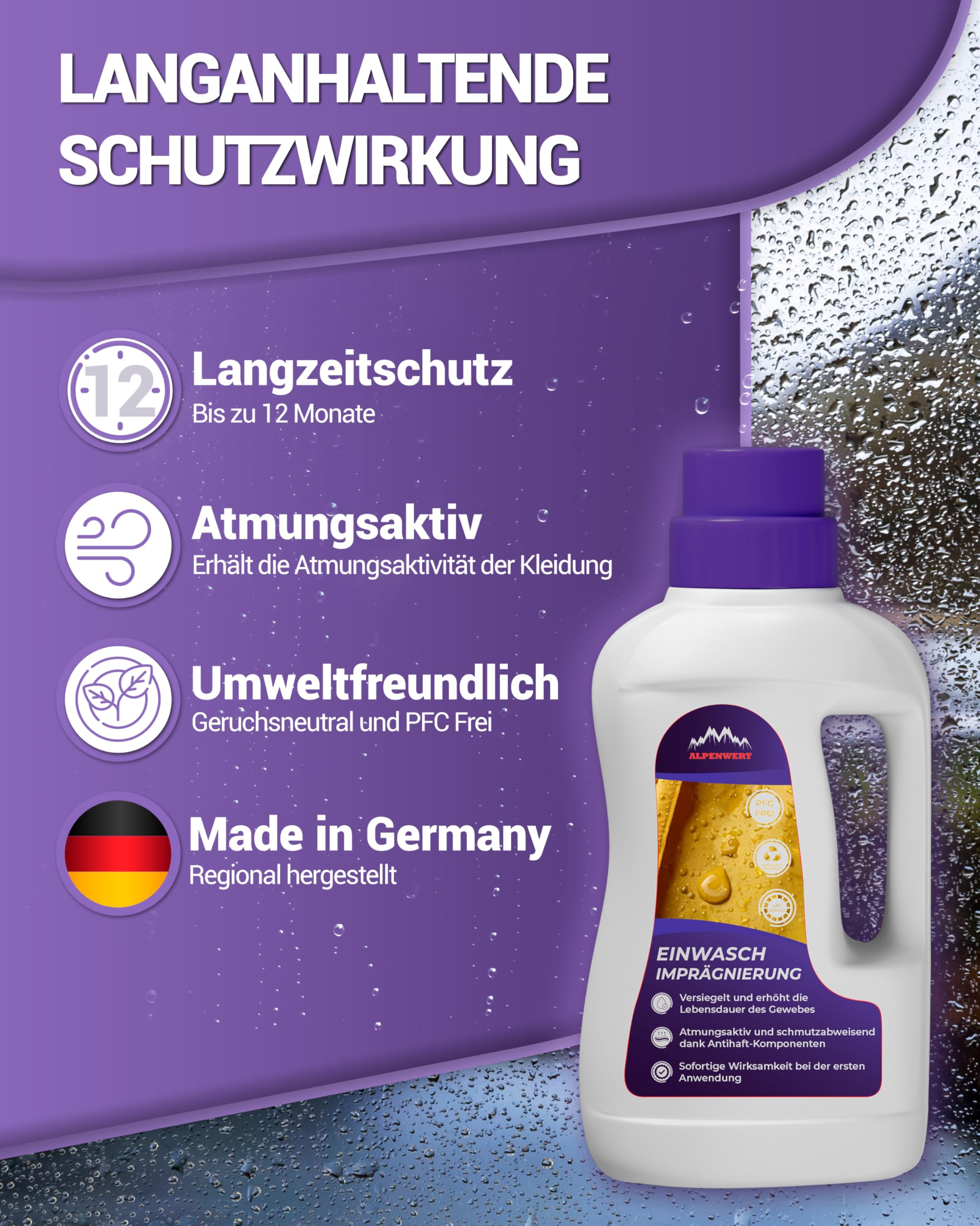 Alpenwert Środek piorący impregnujący, 1 litr [Made in Germany] do odzieży outdoorowej, odzieży funkcyjnej, odzieży narciarskiej, Gore-tex itp. środek piorący, impregnacja jednorazowa