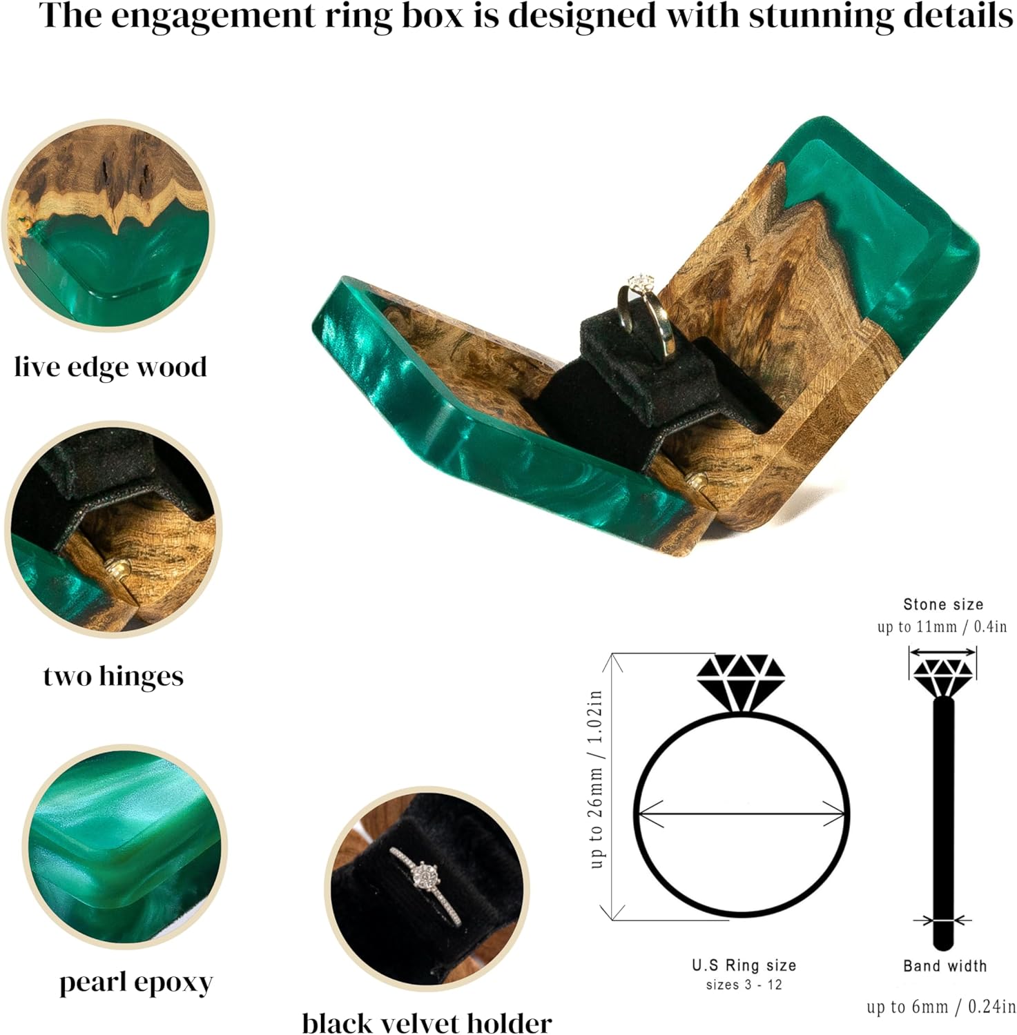 RWA Slim Engagement Ring Box for Proposal – Unique Wedding Ring Holder & Jewelry Display Case – Travel Jewelry Organizer, Ring Bearer Box, Proposal Gift, Wedding Ring Box for Ceremony, FLIP green - Image 8