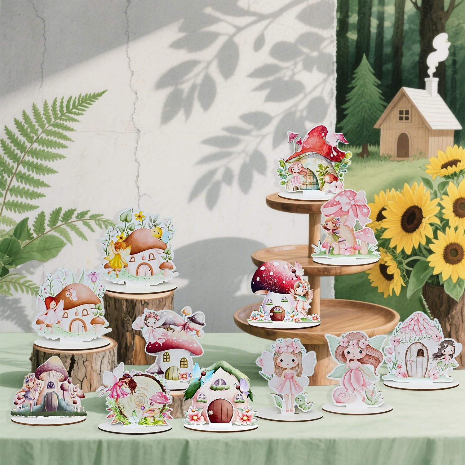 12 Pcs Wooden Fairy Party Decorations Forest Table Signs Enchanted Mushroom Decor Rustic Tiered Tray Centerpieces for Baby Shower Birthday Camp Party Supplies Cake and Tabletop Decoration