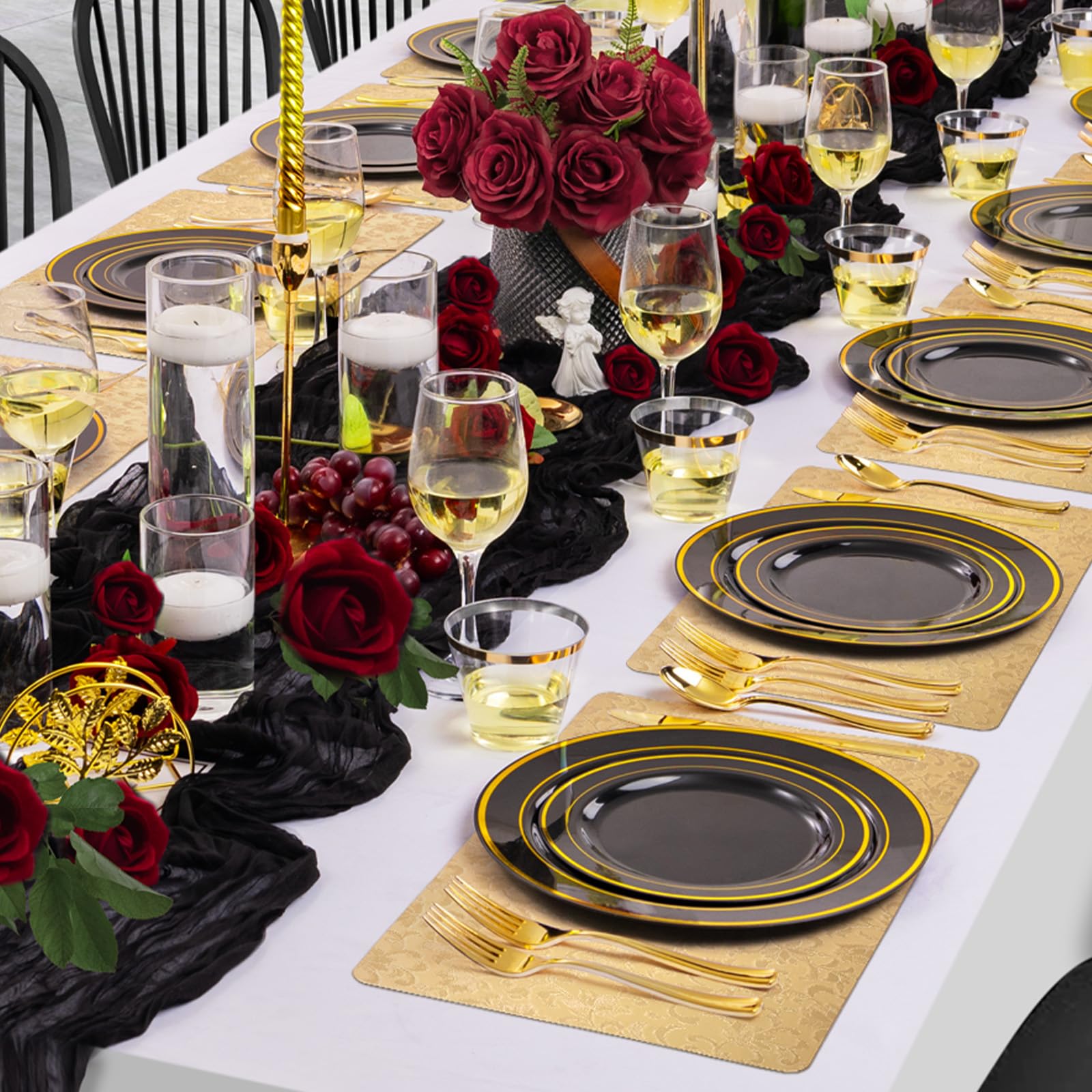 comfoyar Gouden Rechthoekige Bloem Placemats Set van 6, 30x45 cm Antislip Geperste Vinyl Placemats Afwasbaar Waterdichte Tafelmatten voor Binnenkeuken Eettafel Feesttafel Decoratie
