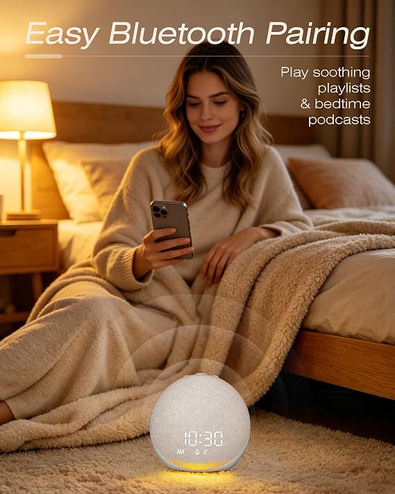 White Noise Machine for Adults with Alarm Clock Bluetooth Speaker | 25 Soothing Sounds, 7 Sleep Timers, RGB Night Light, Dimmable Display – Bedside Clock for Bedroom, Baby Nursery & Travel