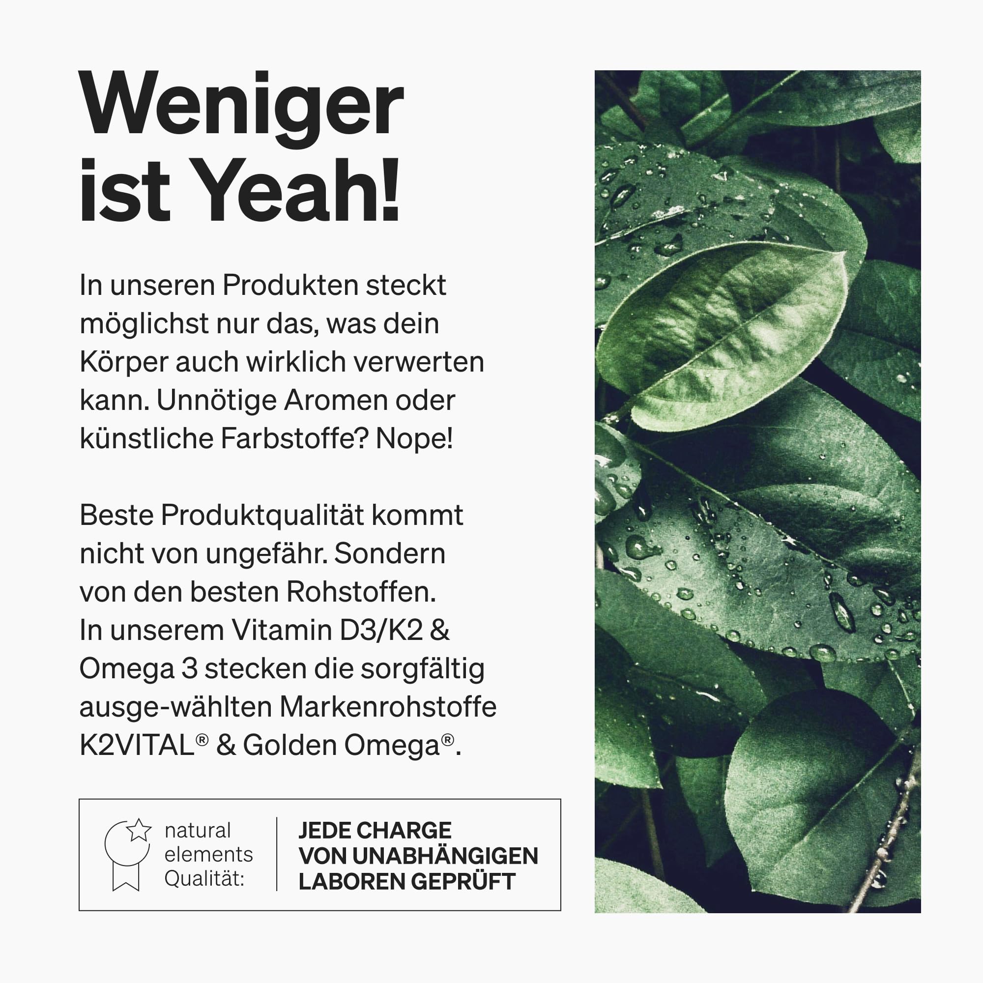 natural elements Vitamin D3 + K2 + Omega 3 – Premium K2VITAL® von Kappa 99,7+% All-Trans K2 – Premium Omega 3 in Triglycerid Form und bioverfügbares D3 – in Deutschland produziert & laborgeprüft