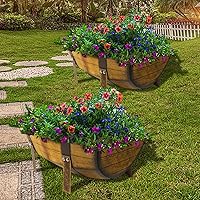 Aoutrow 2 Pack Rustic Metal Half Barrel Planters with Legs - 15.43" Outdoor Garden Flower Pots, Brown Rustic Decor