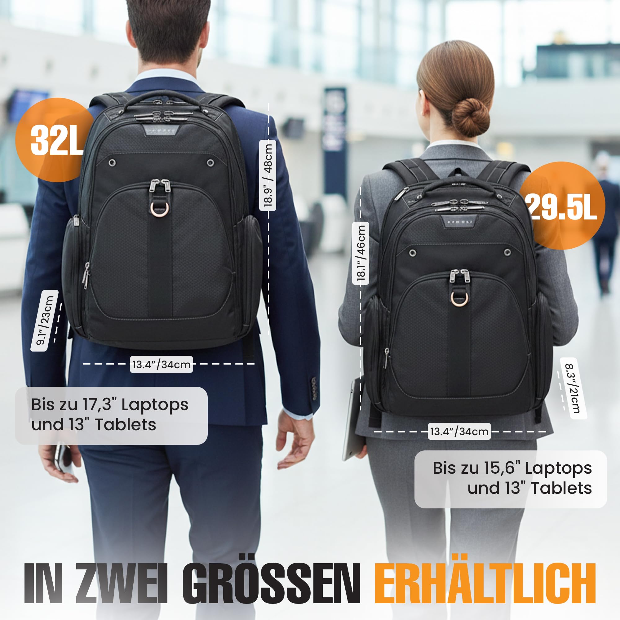 Everki Atlas Business-Laptoprucksack 32 L für 13–17,3 Zoll – ergonomischer, reisefreundlicher Notebook-Rucksack mit anpassbarem Laptopfach – schwarz