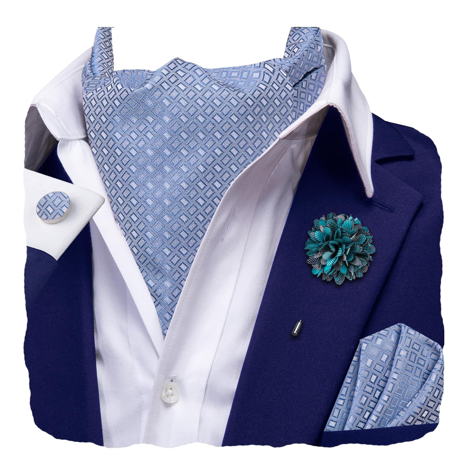 Hi-Tie Silk Ascot for Men Self Tie Men's Cravat and Flower Lapel Pin Handkerchief Cufflinks Set for Wedding Party