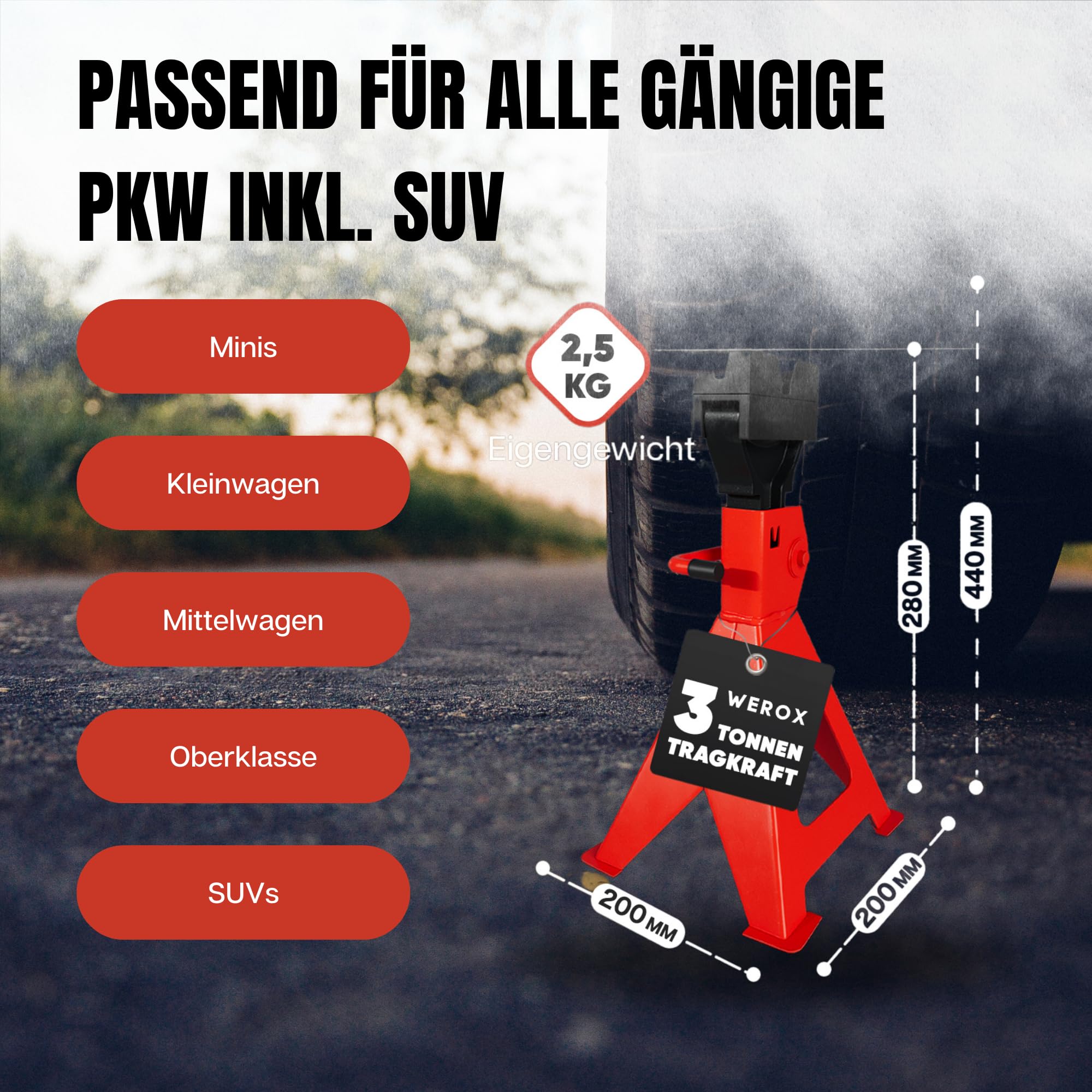Unterstellbock 3T – Höhenverstellbar, mit Sicherungssperre, robuste Stahlkonstruktion, Gummiauflage für Karosserieschutz – Perfekt für Auto, SUV, Wohnmobil – Tragkraft bis 3 Tonnen