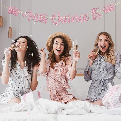 Miniatura 5 de Cartel de "Mis Quince 15", Mis Anos 15, decoración de fiesta de feliz cumpleaños de 15 años, cartel colgante de "Cheers to 15 Years", purpurina rosa