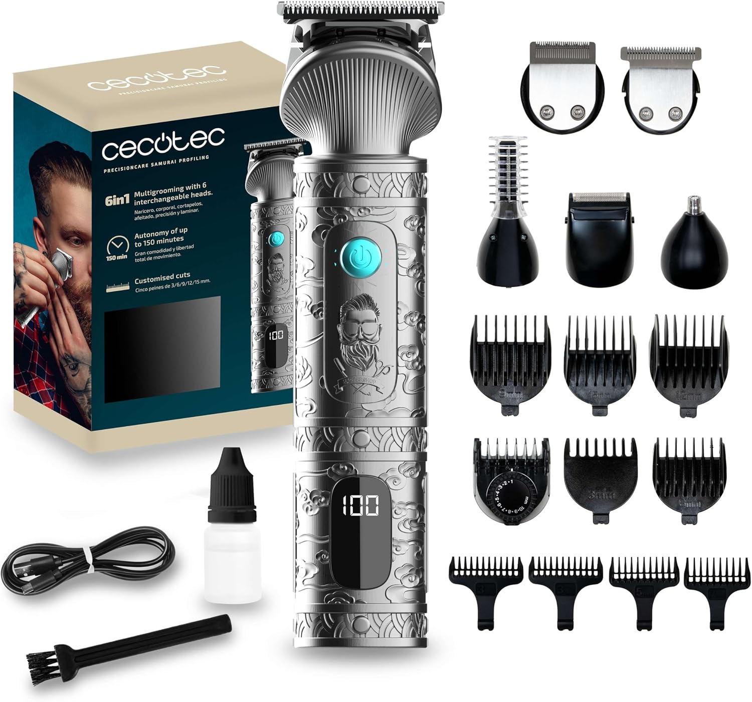 Cecotec Samurai 6 in 1 Professional Multifunction Precision Care Trimmer for Nose and Body, Battery Life 150 min, 3-15 mm Clogs, Precise Profiling, Storage Base, Screen.