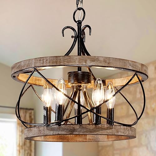 20" Farmhouse Chandelier, Rustic Drum Chandelier Light Fixture Over Table, 5-Light Pendent Light for Dining Room Vintage Wood Chandelier for Bedroom Hanging Lamp for Kitchen