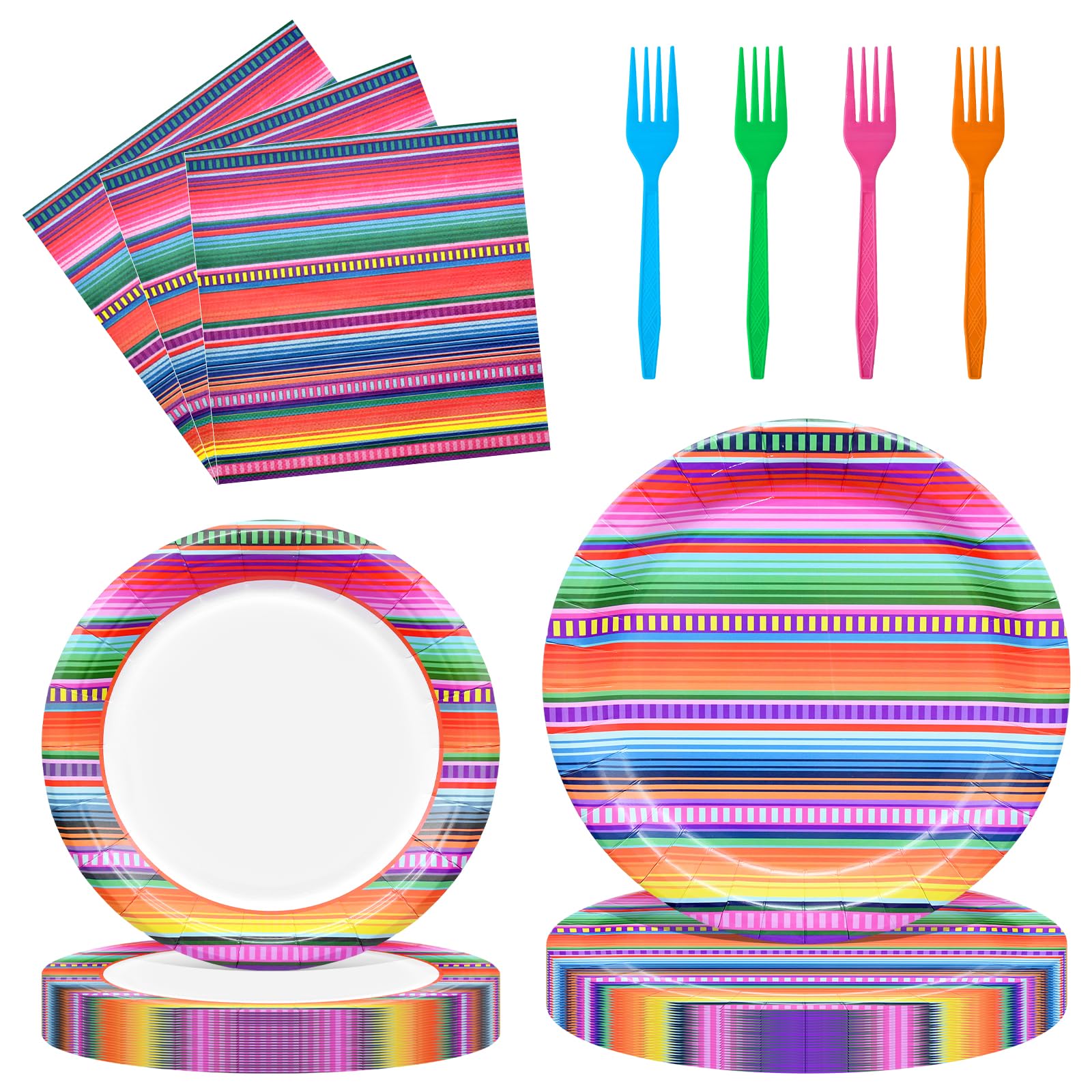 Photo 1 of [PARTIAL SET: MISSING PLATES] 96 Pieces Fiesta Serape Tableware Set – Colorful Mexican Stripe Disposable Plates, Napkins, and Forks for Fiesta Party, Cinco de Mayo, Taco Night, Birthday, and Summer Celebrations – Serves 24