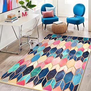 Colorful Geometric Rug 4x6 Retro Funky Washab...,