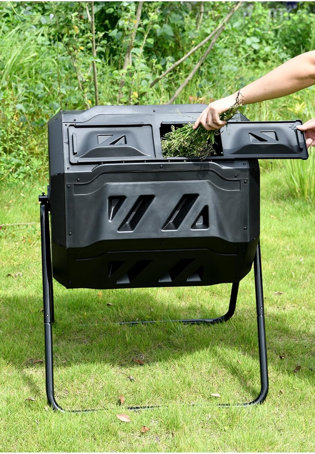 回転式二段式 屋外ガーデンコンポストビン 落ち葉、園芸用具、有機肥料を収納できるプラスチックドラム式収納ビン 生ゴミコンポスター (