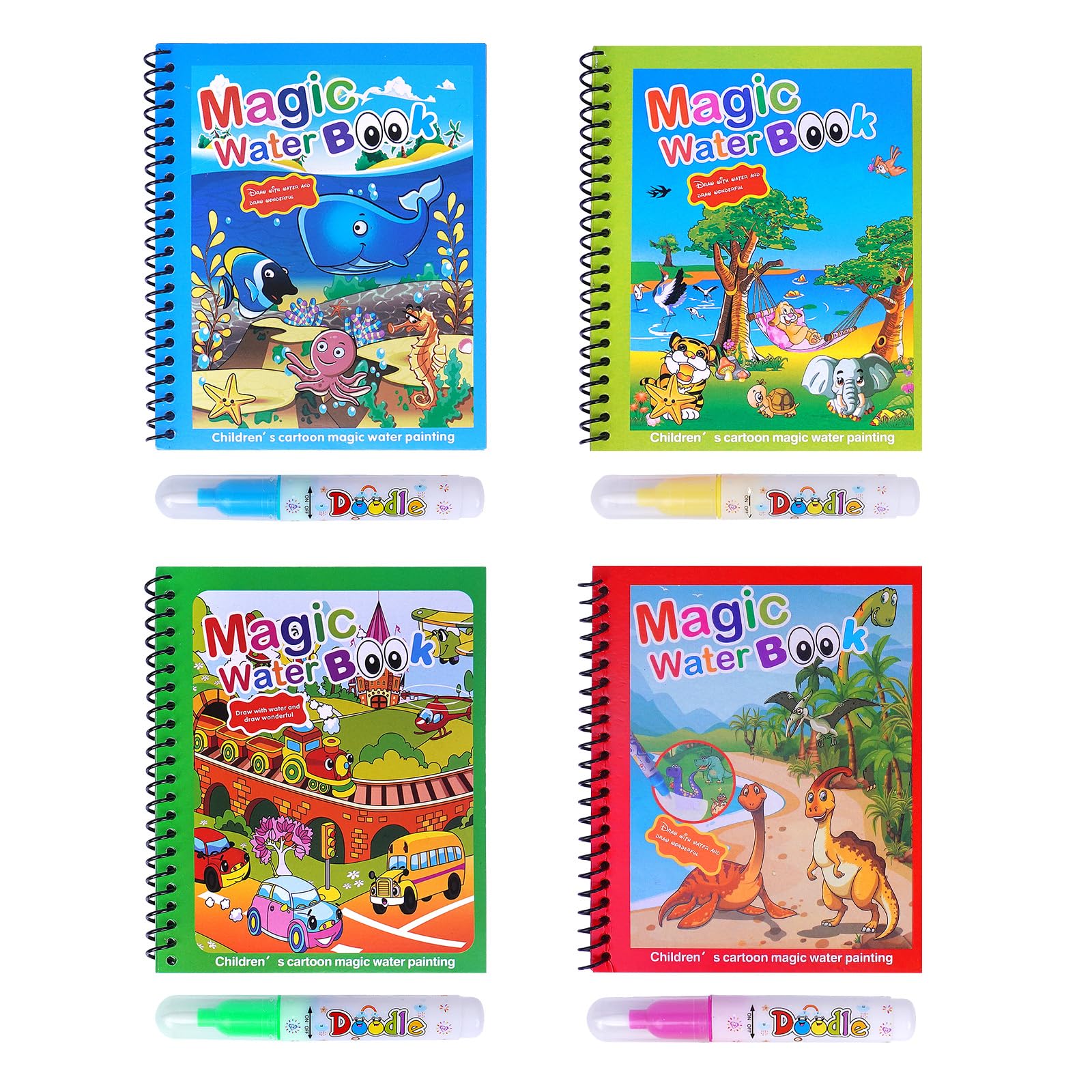 Realjoy 4 Pieces Magic Water Colouring Books Reusable Water Painting Books for Children with 4 Pieces Water Pen Animal Magic Painting Book fo Kids Toddler Educational Toy