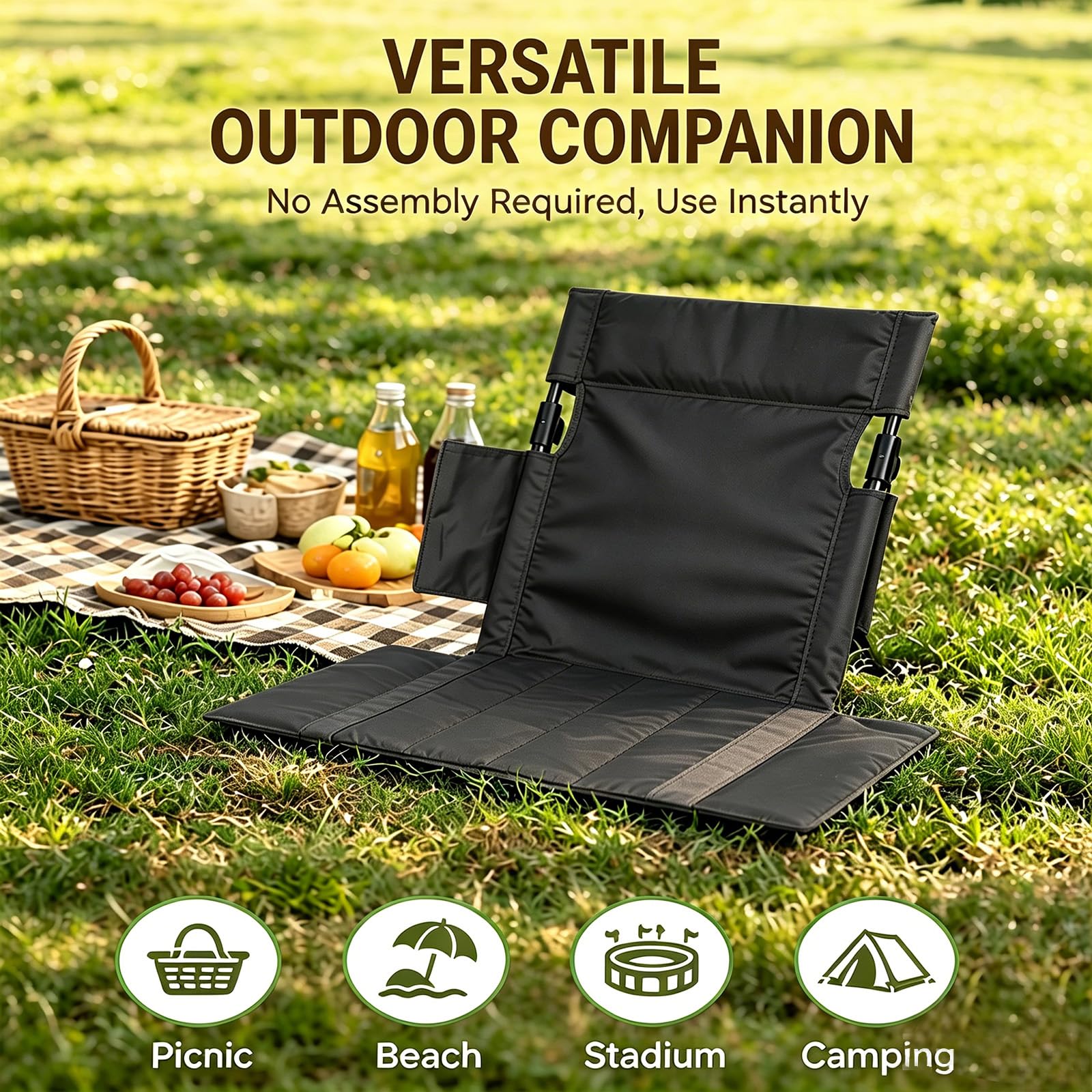 FARYODI Sedia pieghevole da spiaggia con cuscino e schienale, 40 x 39 cm, sedia da campeggio pieghevole, sedia da spiaggia, sedia da pavimento, cuscino tribune, per picnic, giardino, escursioni (nero)