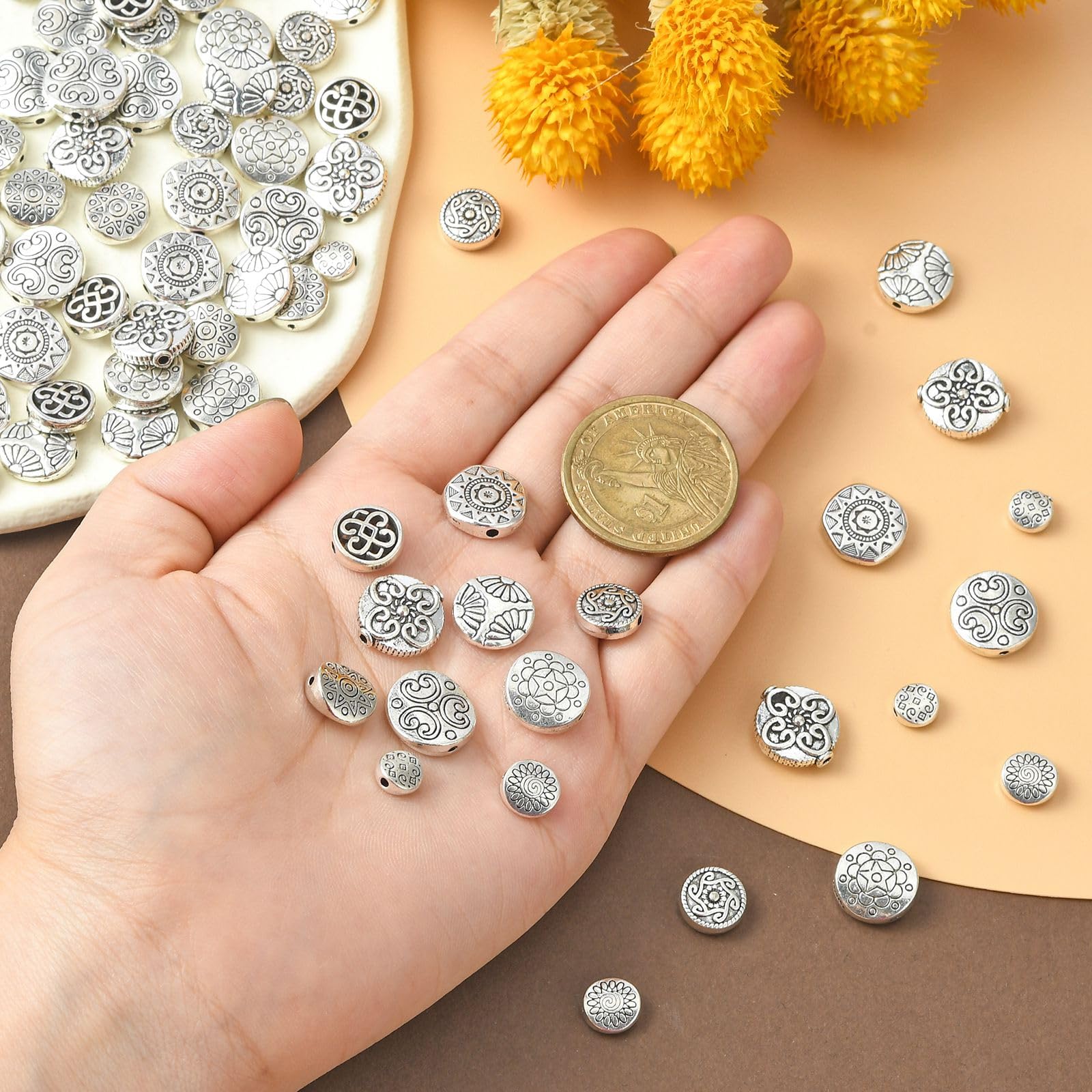 Stiesy 100Pcs 10 Styles Vintage Spacer Beads Tibetan Silver Flat Round Bead Antique Flower Knot Beads Bulk for Jewellry Making Bracelet Necklace Crafts Earring DIY - Image 3