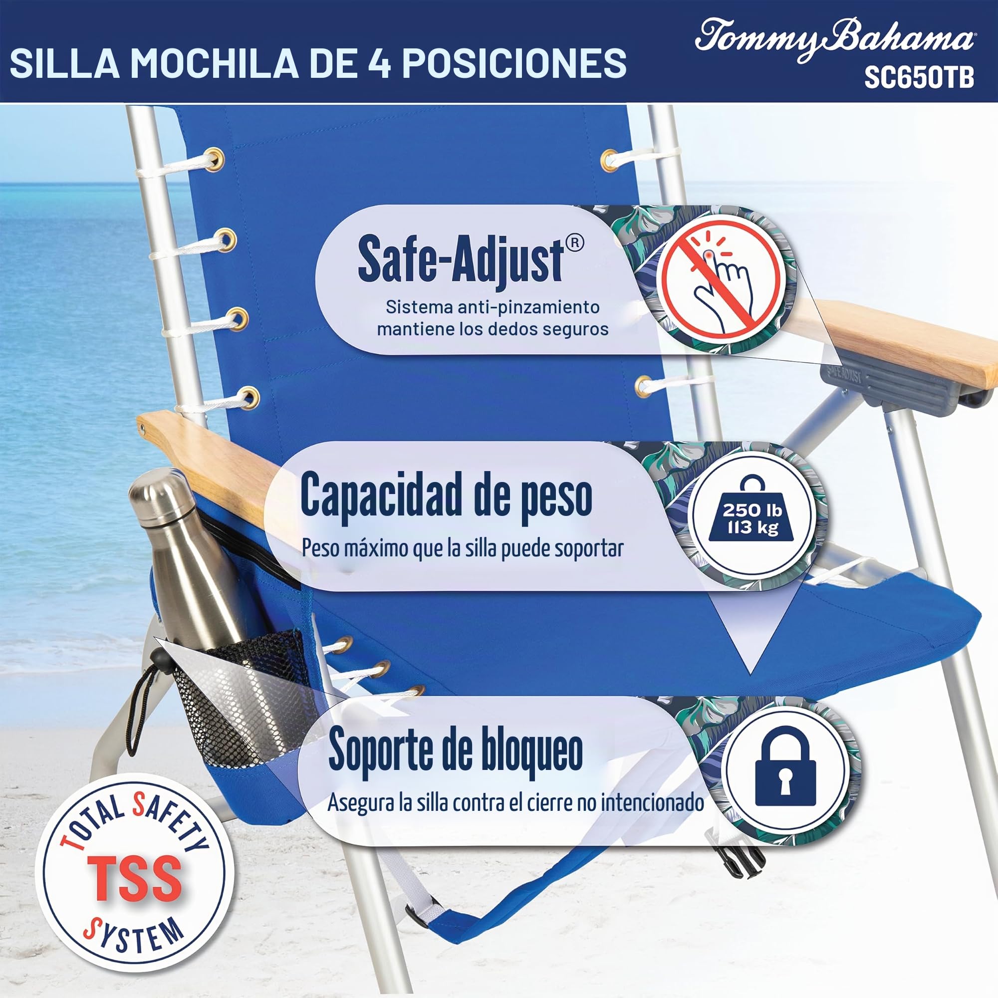Tommy Bahama Hi-Boy - Silla de Playa Plegable con Cordones y suspensión de 4 Posiciones, de poliéster
