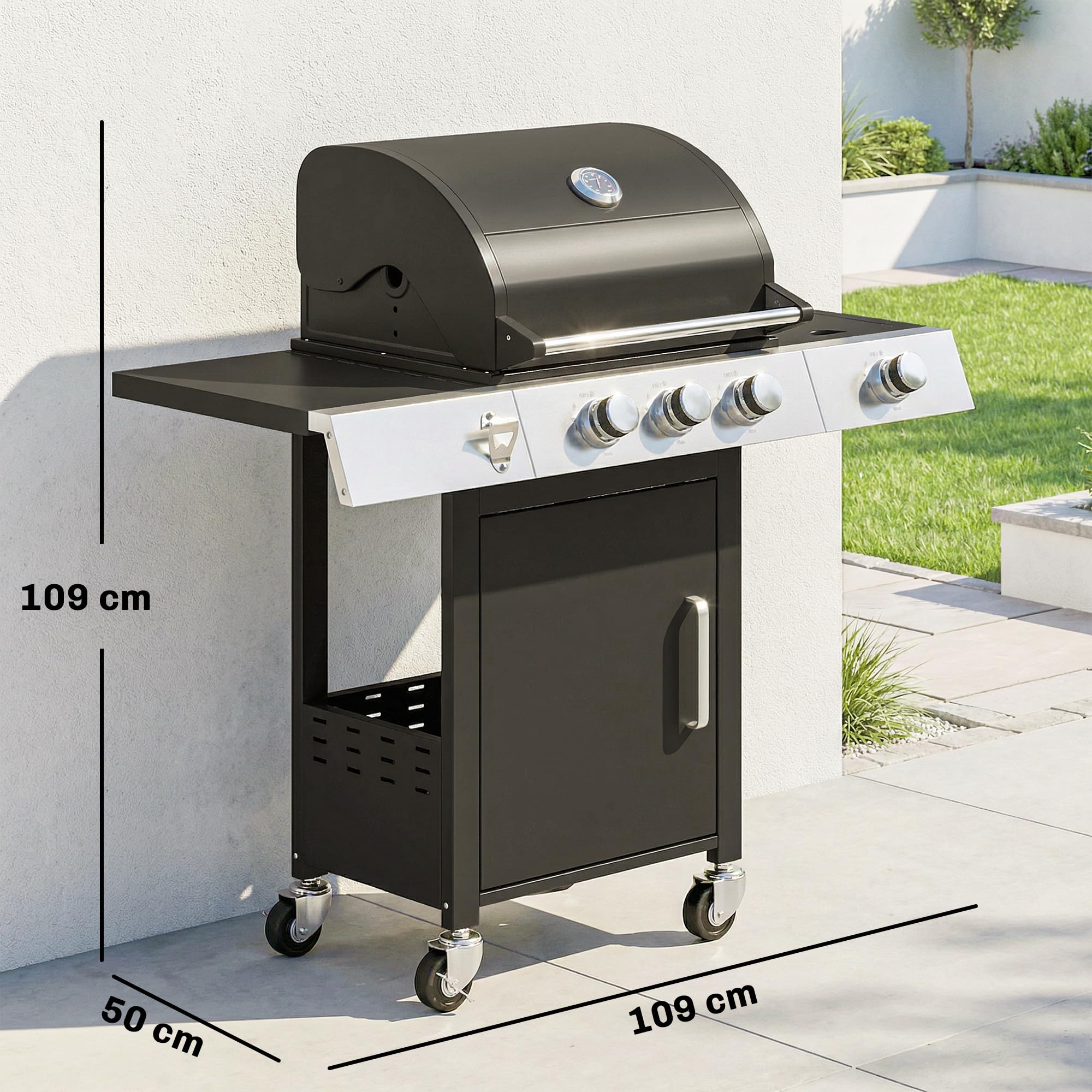 Outsunny Gasgrill 10,5 KW 3+1 Brenner BBQ Grillwagen Edelstahl inkl Seitenbrenner Flaschenöffner Thermometer Gusseisen-Grillrost Warmhalterost Rolle Seitentisch Unterschrank Gas-Grill für Balkon Party