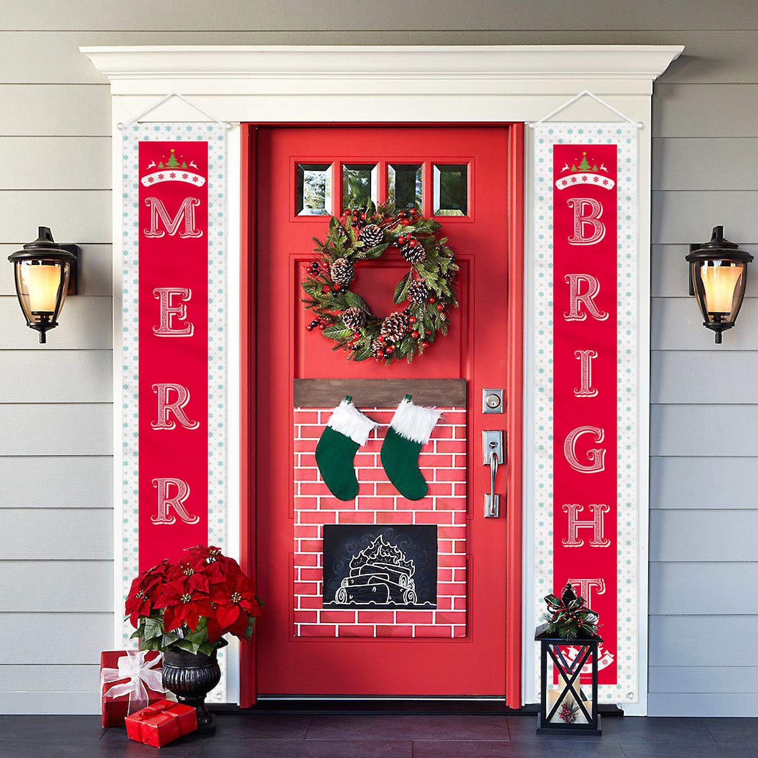 Christmas Decorations Outdoor Indoor - 2 Pcs Merry Bright Porch Sign Banner Door - Red Xmas Decor Hanging Banners for Home Wall Door Apartment Party (Merry Bright)