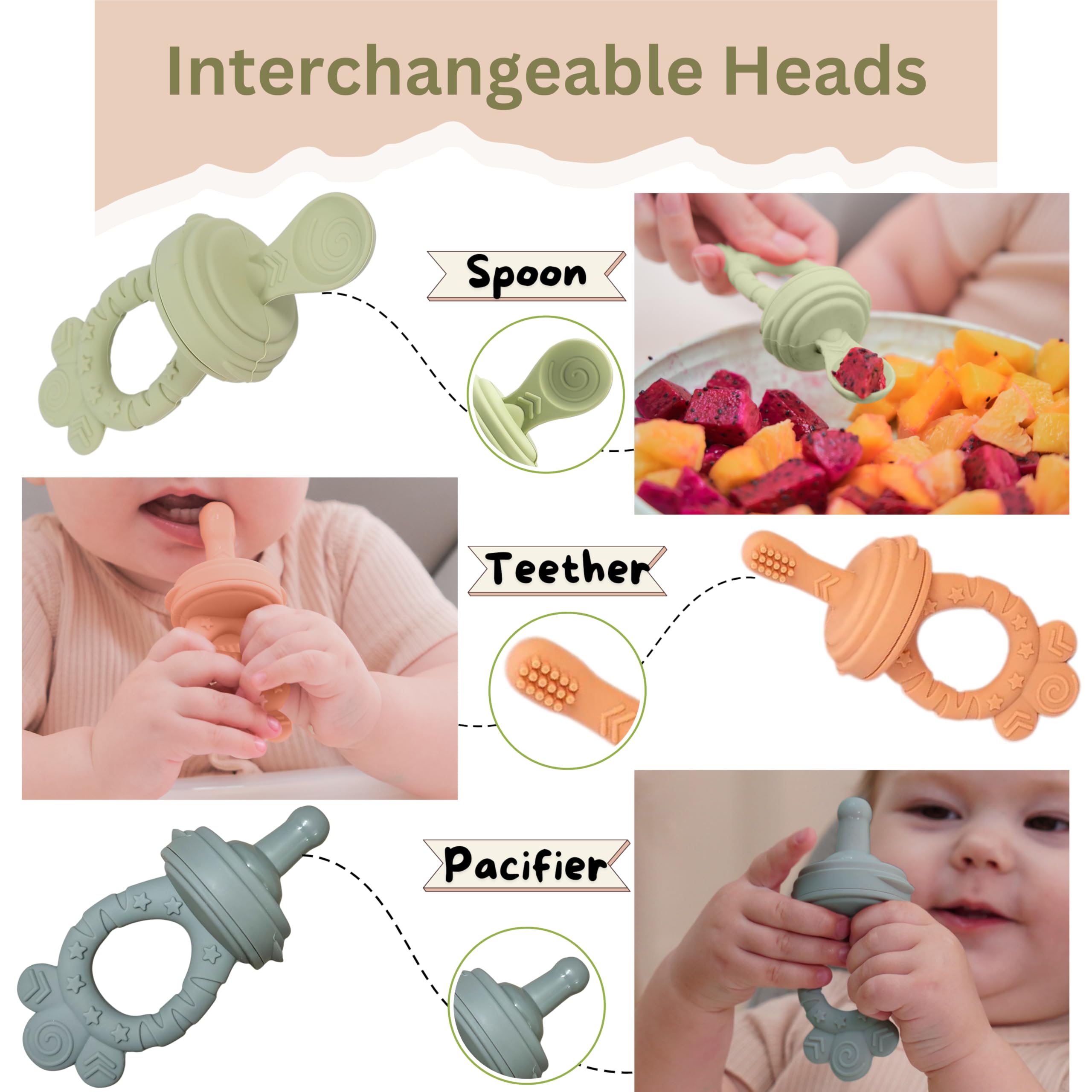 Minie Joo Baby Fruit Feeder Pacifier – 7-in-1 Silicone Teether Toy & Food Feeder with Spoon, Fork, and Interchangeable Heads – BPA-Free, Anti-Choke, Self-Feeding Set for Infants & Toddlers