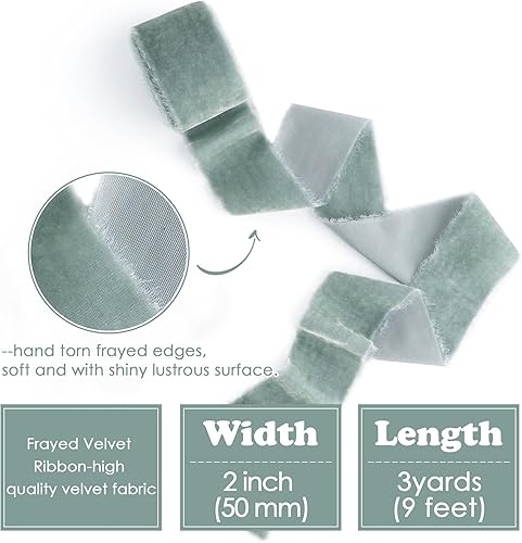 Miniatura 2 de HUIHUANG Cinta de terciopelo azul polvoriento, 2 pulgadas, hecha a mano, cinta de terciopelo de seda deshilachada para ramo de flores, envoltura de