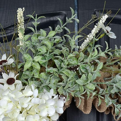 Miniatura 4 de QUNWREATH Corona de arpillera para puerta delantera, corona de arpillera de 18 pulgadas, hecha a mano, corona de hortensias de granja  vid (blanco