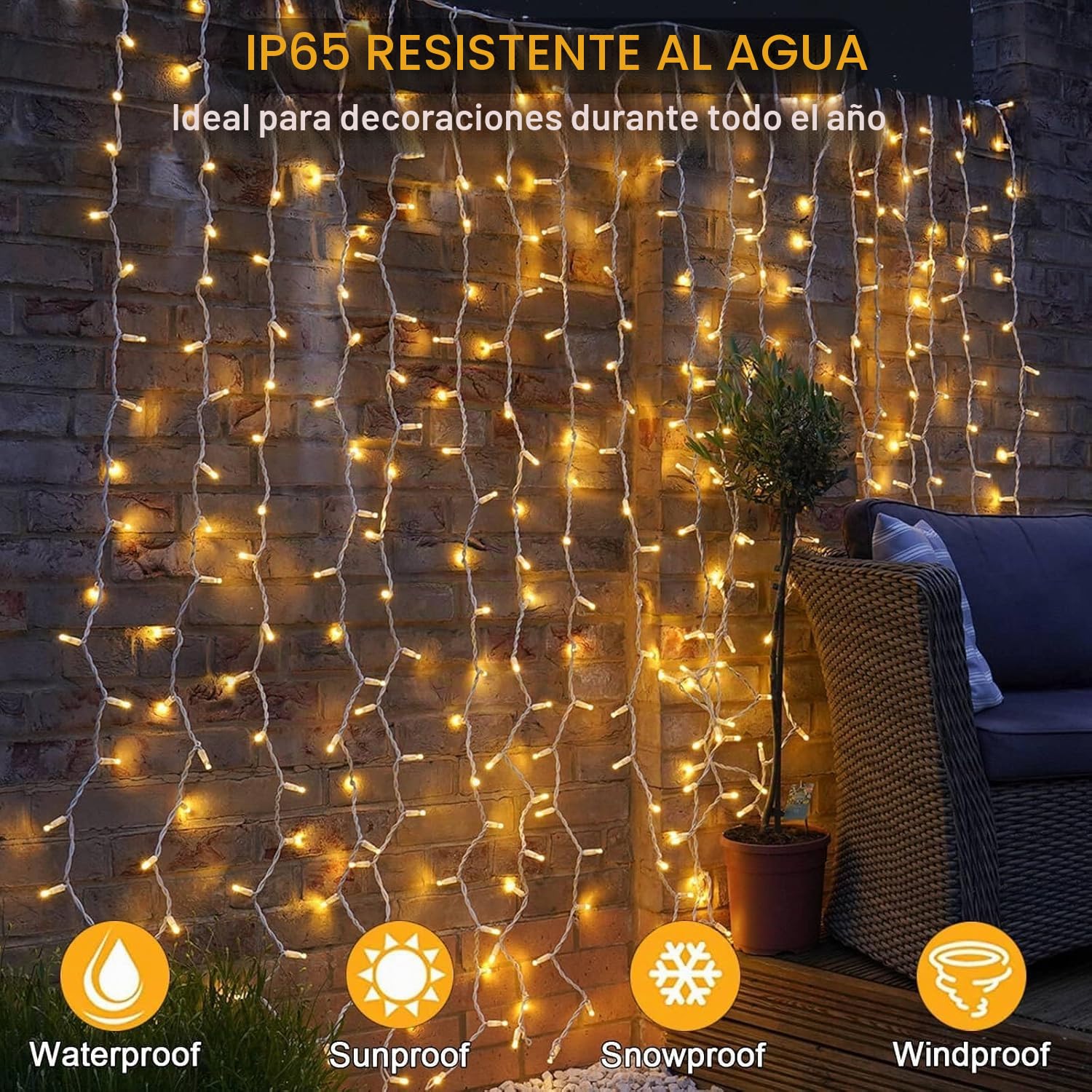 yowin Cortina de Luces 600 LED 6mx3m Luces Navidad con Enchufe, Temporizador, 8 Modos Impermeable Cascada Luces para Exterior Balcon Jardín Terraza Escaparates Interior Decoración - Blanco Cálido