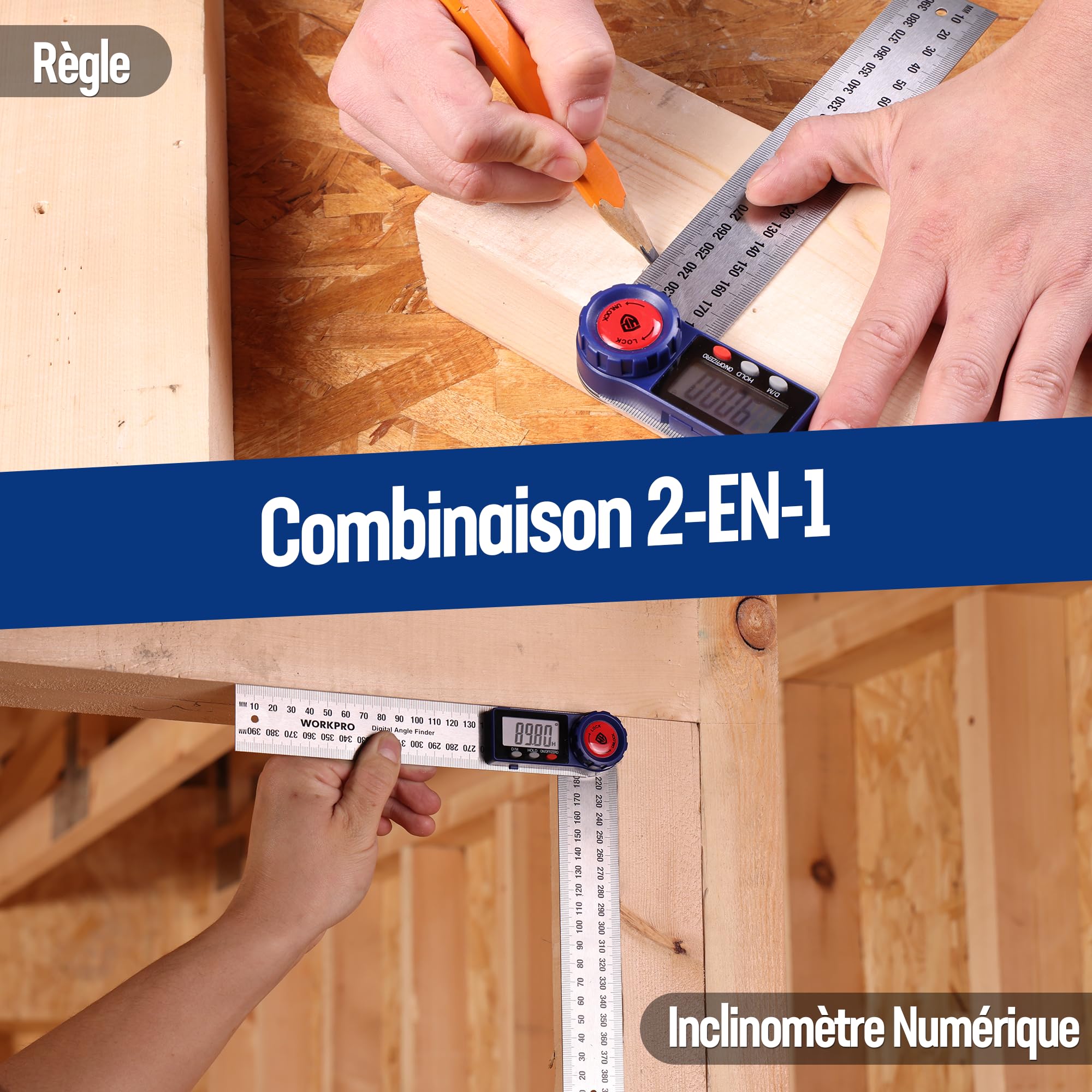 WORKPRO Rapporteur d'Angle Numérique 200 mm 2-en-1 avec Règle en Acier Inox, Mesure d'Angle 360° avec Écran LCD Clair, Outil de Précision pour Menuiserie, Découpe et Bricolage
