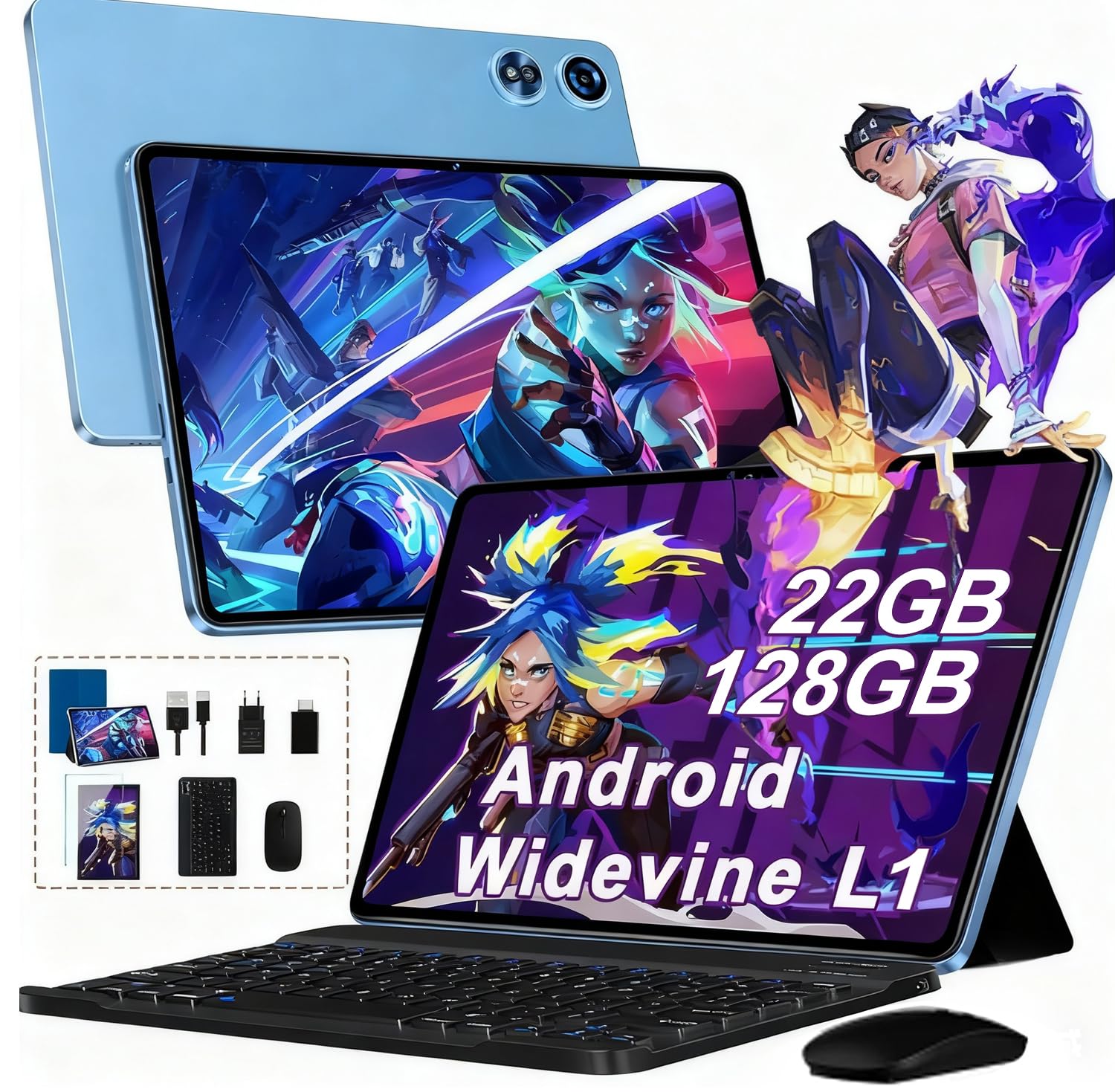 2026 Neueste Tablet 10.1 Zoll Android Octa-Core 22GB RAM+128GB ROM ( 2TB TF ), Widevine L1, 5G+2.4G WiFi, GMS, BT 5.0, 8+5MP, 1280*800,8000mAh, GPS, Type C, 2-in-1 Tablet with Keyboard, Mouse - Blue