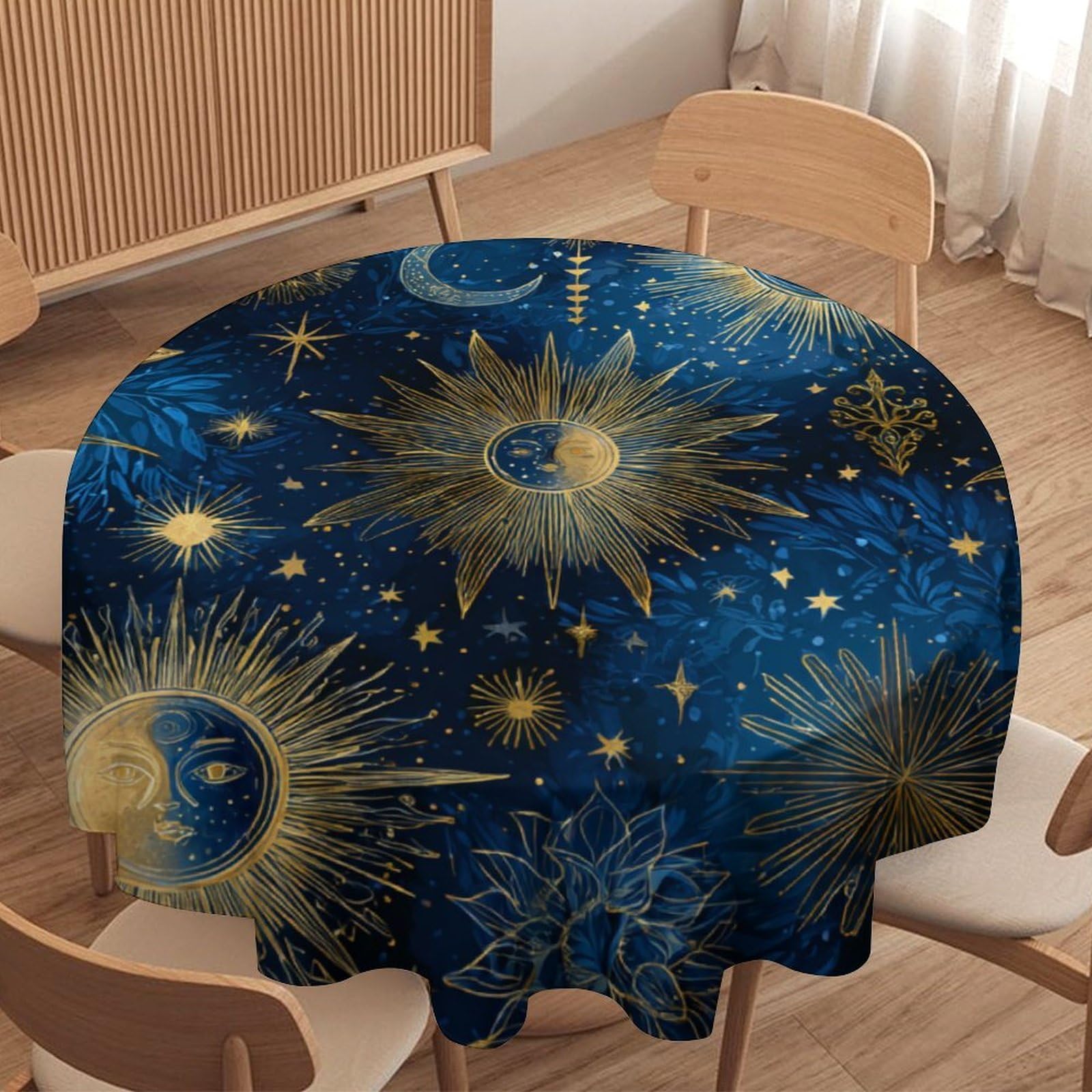 LUYYSKY Modern Aesthetic Moon Sun Round Tablecloth Beautiful Watercolor Constellation Galaxy Blue Gold Print Washable Decor for Table Cover for Kitchen-177.8" Wx177.8 L cm