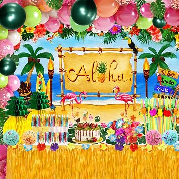 Hawaiian Luau Party Decoration Pack 159 Pcs, Tropical Beach Themed Aloha Summer Party Supplies Kit, including Table Skirt, Backdrop, Balloons, Straws, Hibiscus Palm Leaves, Food Topper, Pineapples