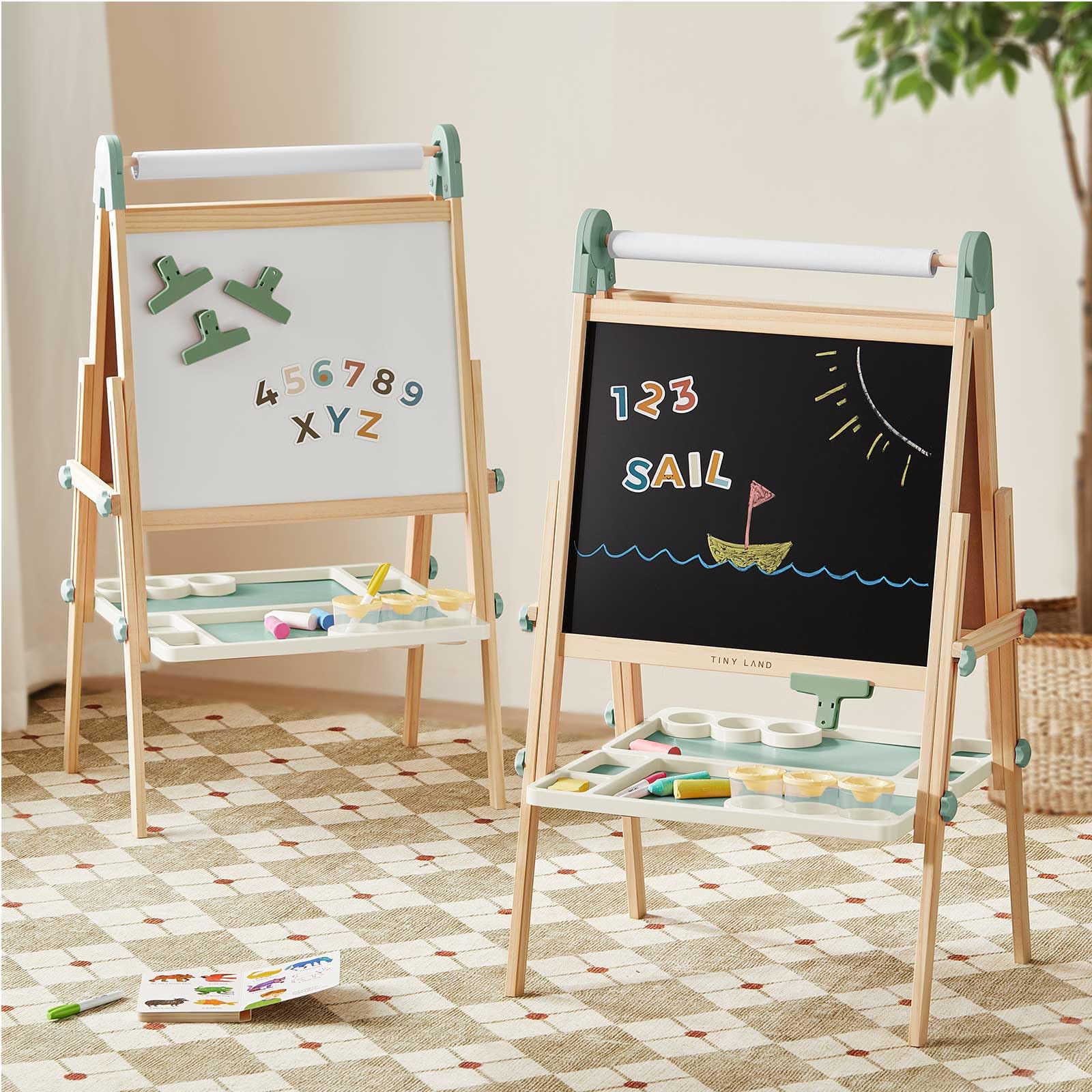 Photo 1 of **MISSING HARDWARE AND TRAY** Tiny Land Easel for Kids, Double-Sided Magnetic Easel with Drawing Accessories, Adjustable Wooden Kids Art Easel with Paper Roll, Learning-Toy for 3,4,5,6,7,8 Years Old Boy & Girls Green