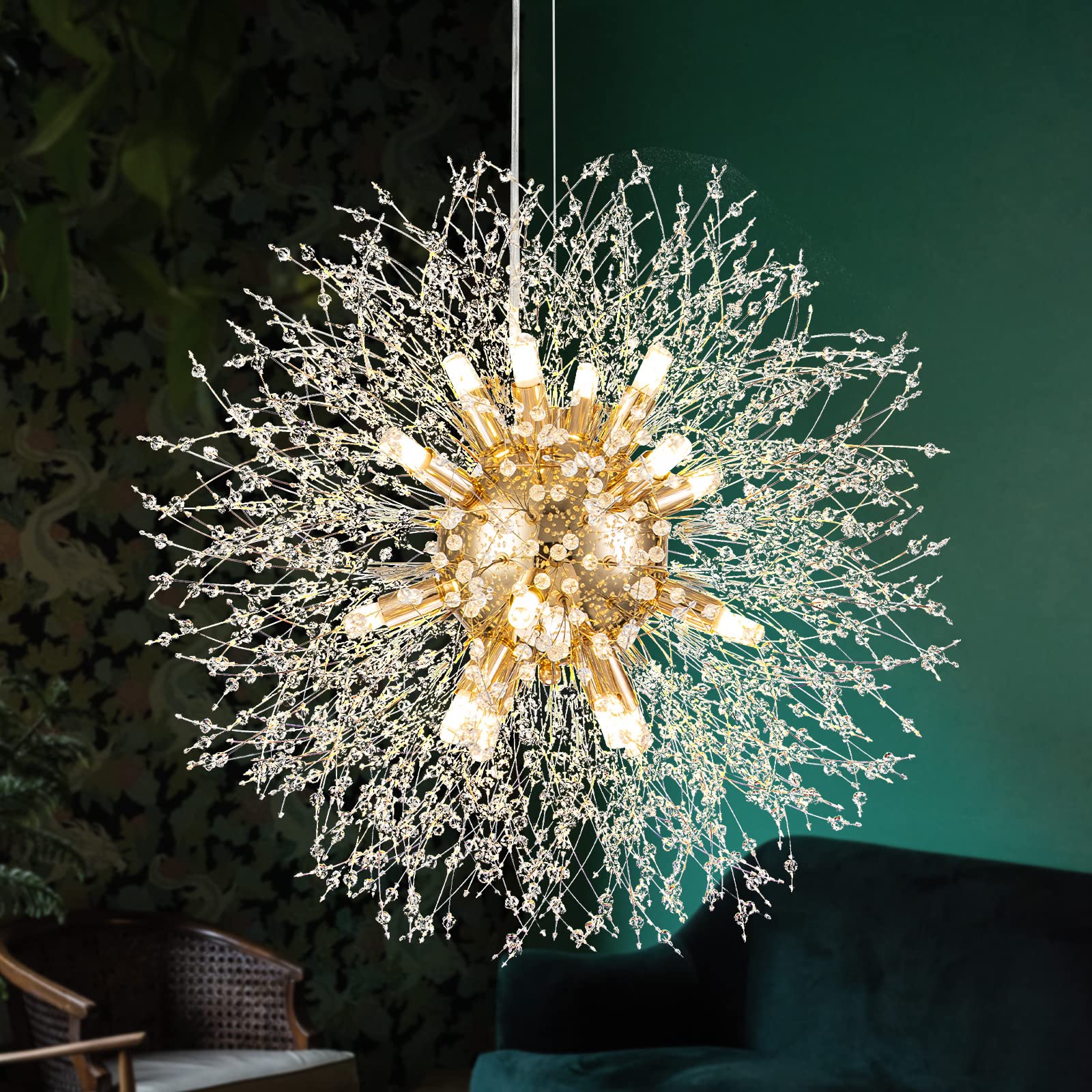 Modern Crystal Chandeliers Firework, Crystal Light Fixture, Dandelion Chandelier (16-Light, Gold) for Foyer Hallway Entryway Kitchen Bedroom