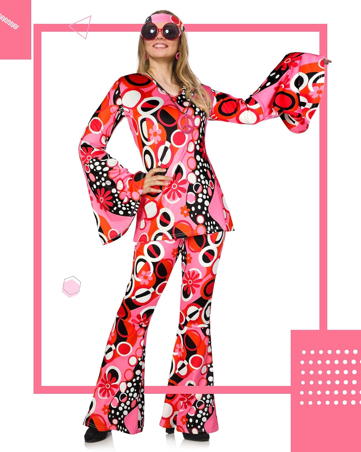Haysandy 70s Outfit Women Disco Hippie Costume Accessories Pink Peace Disco Bottom Pants for Carnival Halloween Cosplay - Image 3