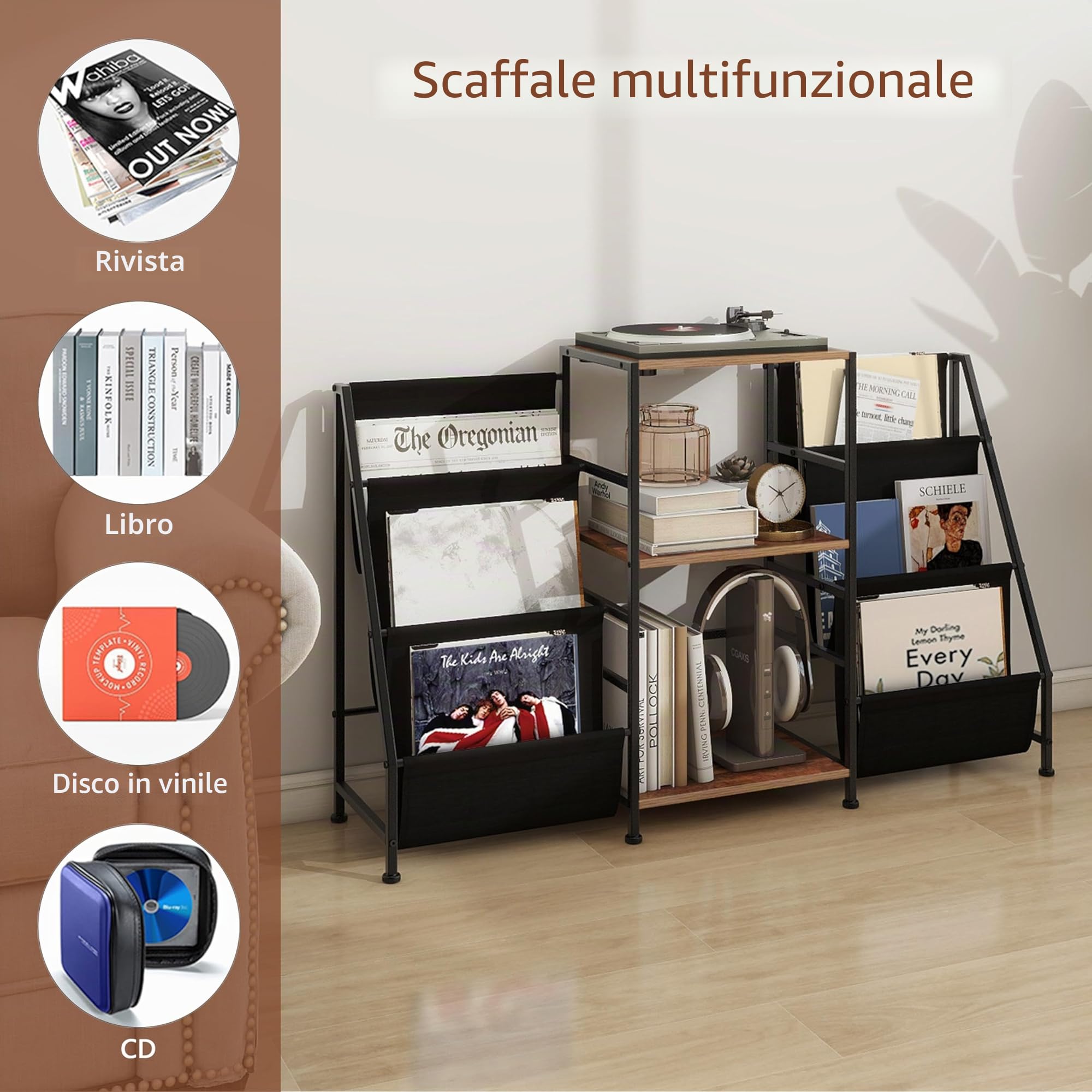 VEDECASA - Libreria con 3 ripiani per libri, tavolo laterale con scaffale a 3 livelli, porta dischi in vinile, porta dischi per soggiorno, con lettore vinile, per un massimo di 200 album