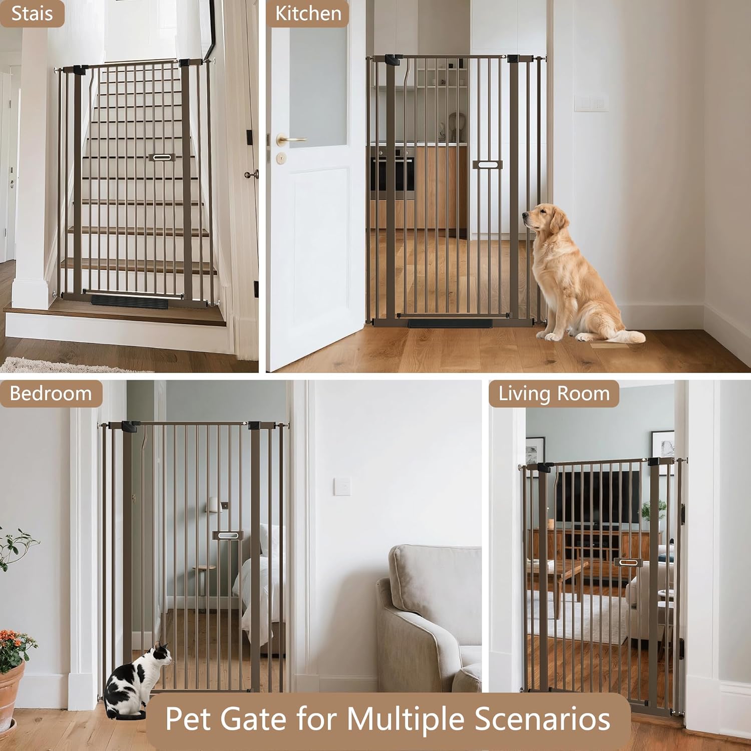 55.1" Extra Tall Dog Gate for StairsDoorways, Cat Gate Indoor for Doorways/Hallways/Kitchen, 30.1-33.8"" Wide Include 4.13" Extension Kits, No Drilling Auto Close High Pressure Mounted, Brown