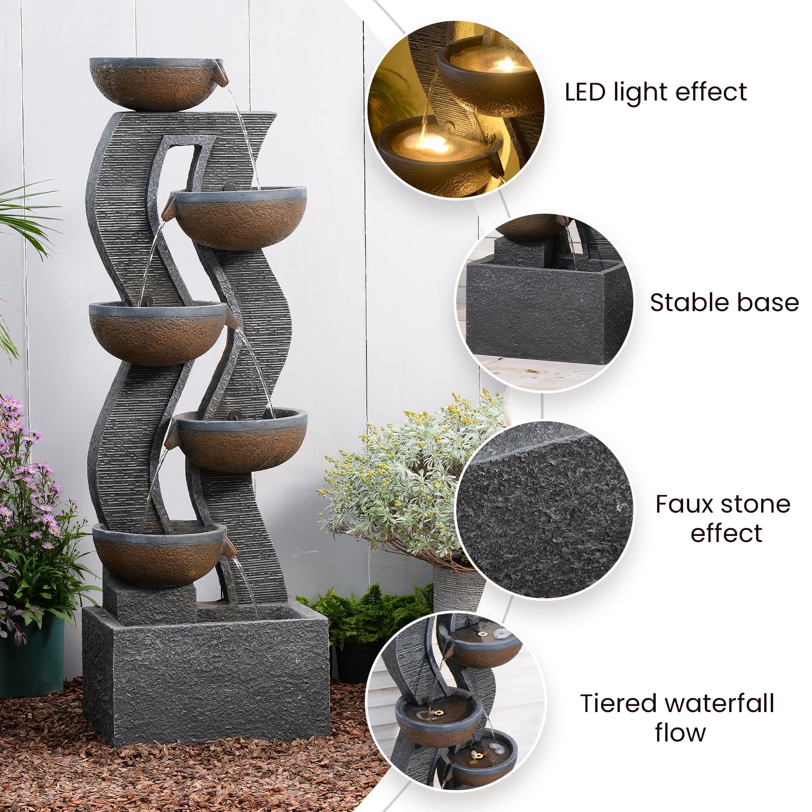 Sunlinua Moderner Krug-Gartenbrunnen und Wasserfall mit LED-Beleuchtung – Kaskadierendes Wasserspiel für Garten, Terrasse oder Veranda, großer freistehender Gartenbrunnen aus Harz, 135,5 cm