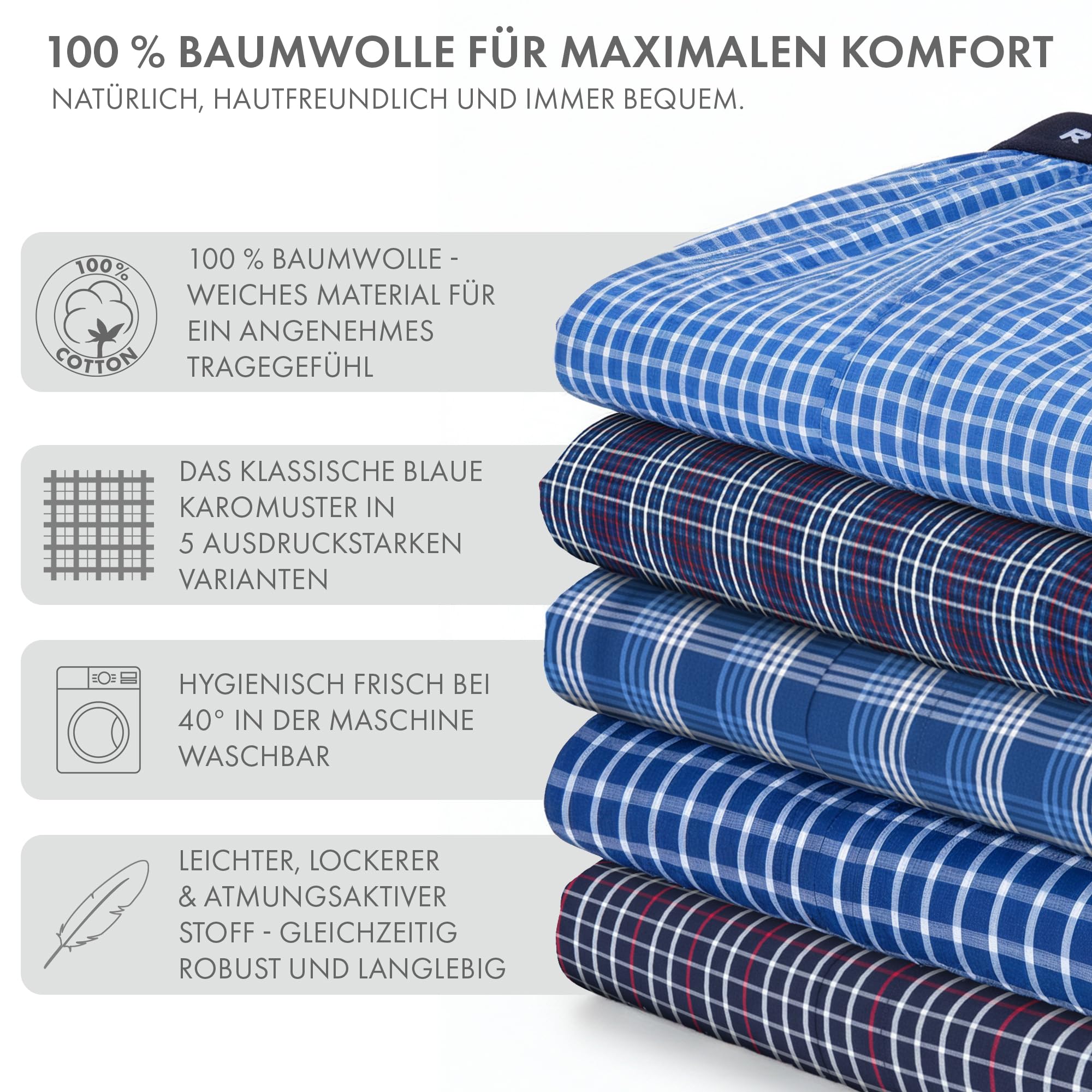 ROYALZ Boxershorts American Style für Herren 5er Pack - Weite Männer Unterhosen Baumwolle klassisch Blau Kariert Unterwäsche