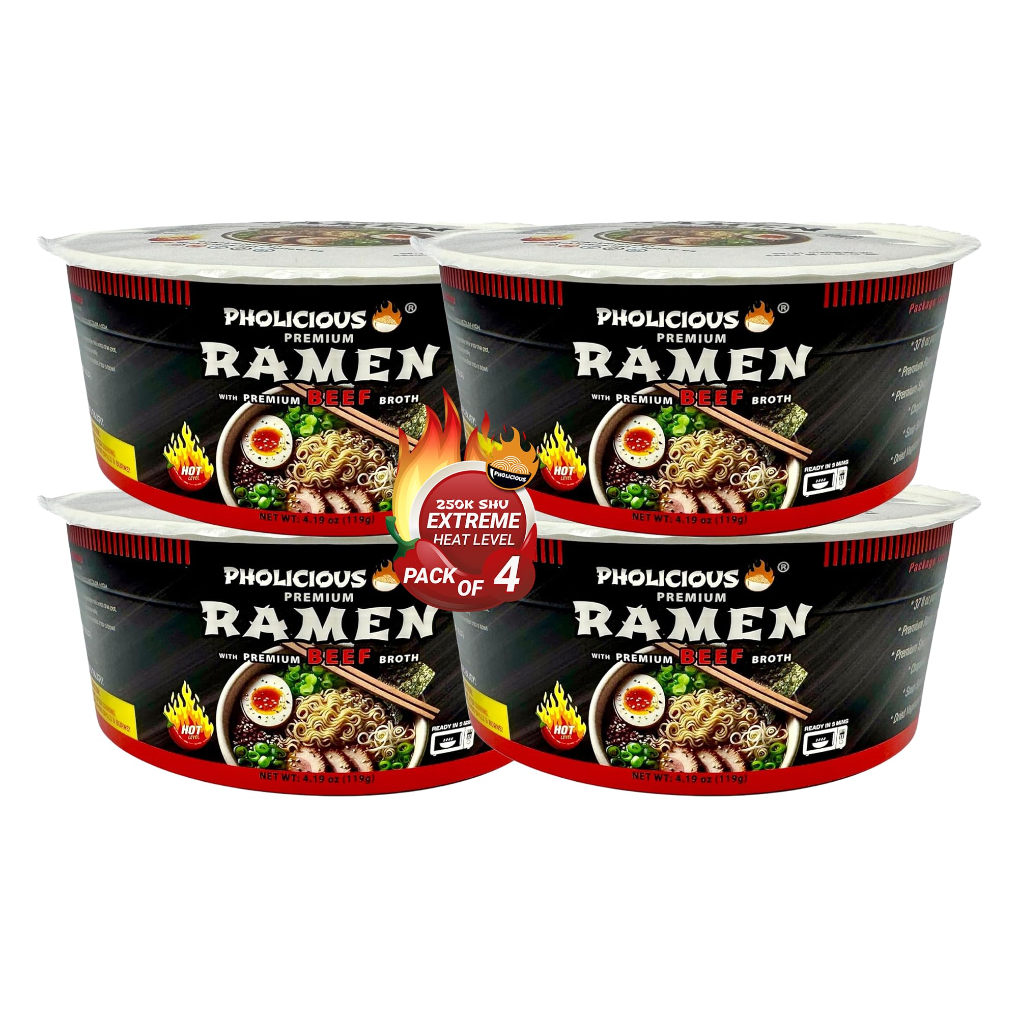 PhoLicious All New Extra Spicy Beef Ramen Noodles – Premium Instant Ramen Bowl with Real Broth Mix with Spices, Asian Food, Microwavable Cup for Lunch, Meals & Snacks - Beef Flavor (4 Pack)