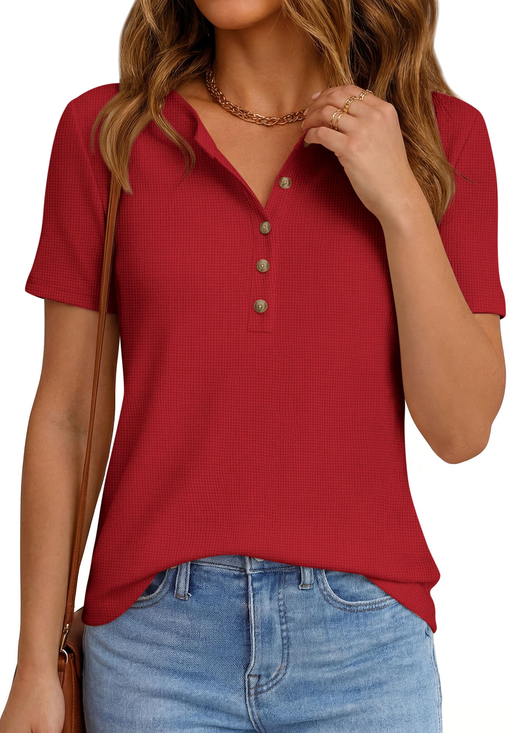 PRETTYGARDEN Waffle Knit Tops for Women Short Sleeve Henley Shirts 2026 Summer Blouses Dressy Casual Spring Fashion Clothes — view 5