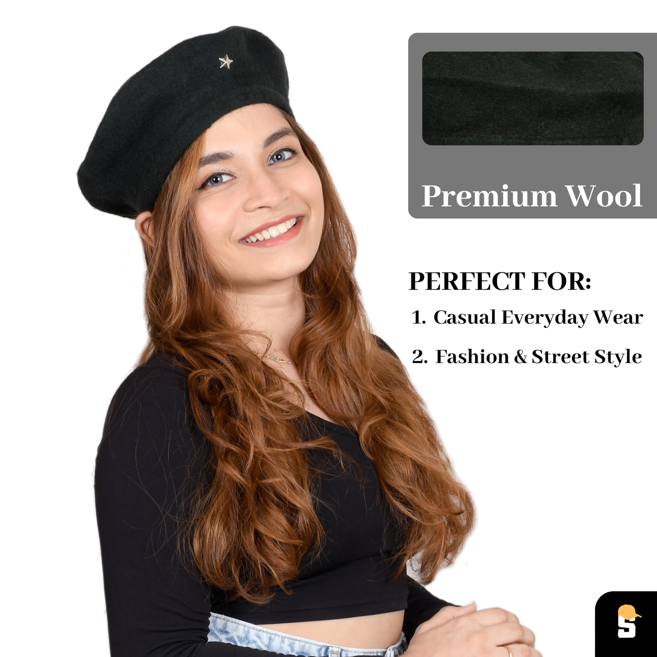 SOUL eTHICS Women's Premium Wool Blend French Artist Beret Cap - Stylish, Warm & Classic - Elegant Winter Beanie Hat for Girls & Ladies -Free Size (in, Alpha, Free Size, Royal Blue, Star) - Image 3 thumbnail