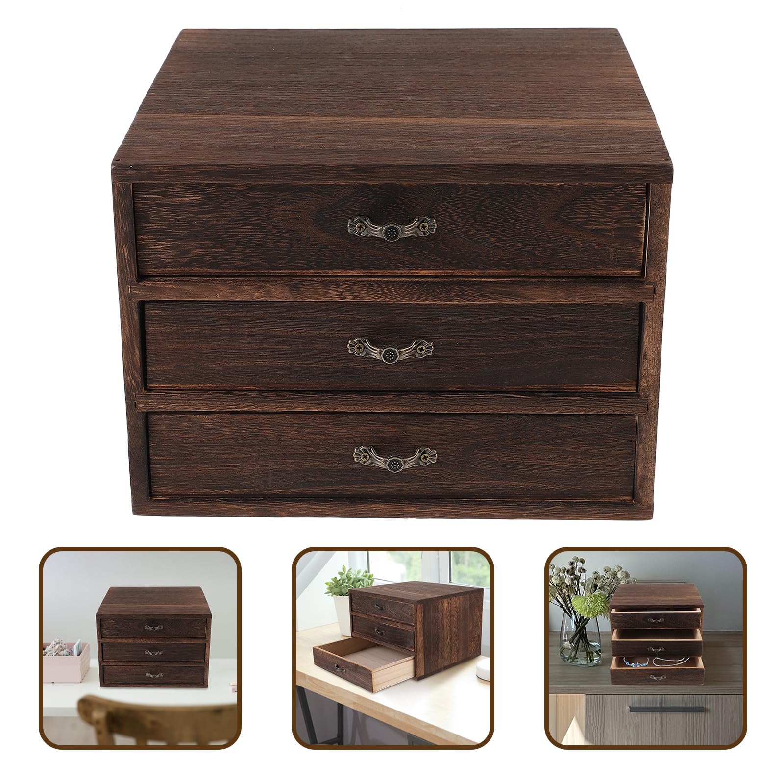 jojofuny Schreibtisch Organizer Holz mit Schublade 3 Stöckige Aufbewahrungsbox 23X23X17cm Vintage Kommode für Büro und Wohnzimmer Praktische Lösung für Schmuck und Geschenkaufbewahrung