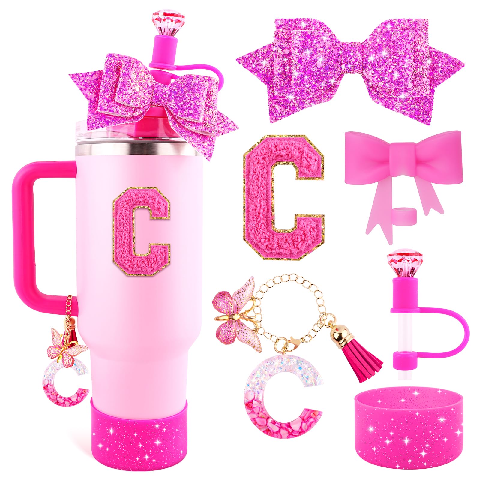 Lingdeer Rose Pink Cup Accessories Set for Stanley 30OZ&40OZ Tumbler with Handle, Letter Charms, Bow & Diamond Straw Covers, Glitter Silicone Boot, Personalized Sticker for Stanley Cup Accessories (C)