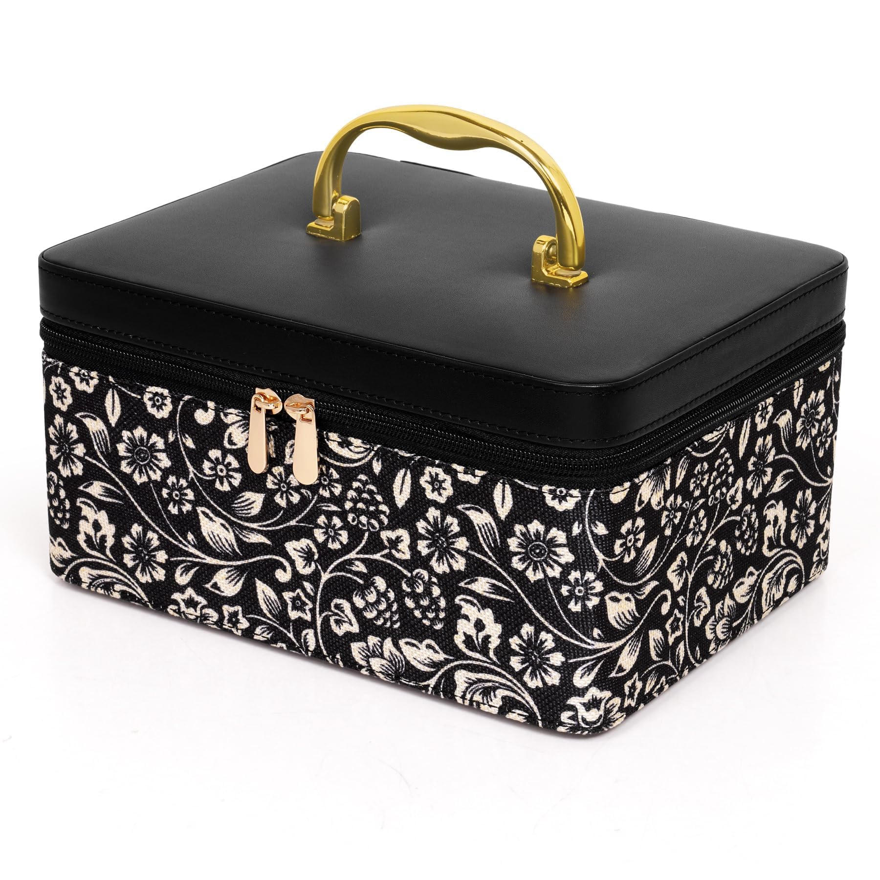 Hard Craft Large Capacity Cosmetic Bag for Women Girls Bride Multi Functional Beauty Case Wedding Makeup Jewelry Bridal Box Leather Storage Organizer with Mirror Floral Black-image-24