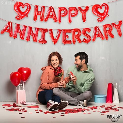 Miniatura 10 de KatchOn, Letras de globos plateados de feliz aniversario, 18 pulgadas, globos de corazón con gancho plateado  Cartel de feliz aniversario para