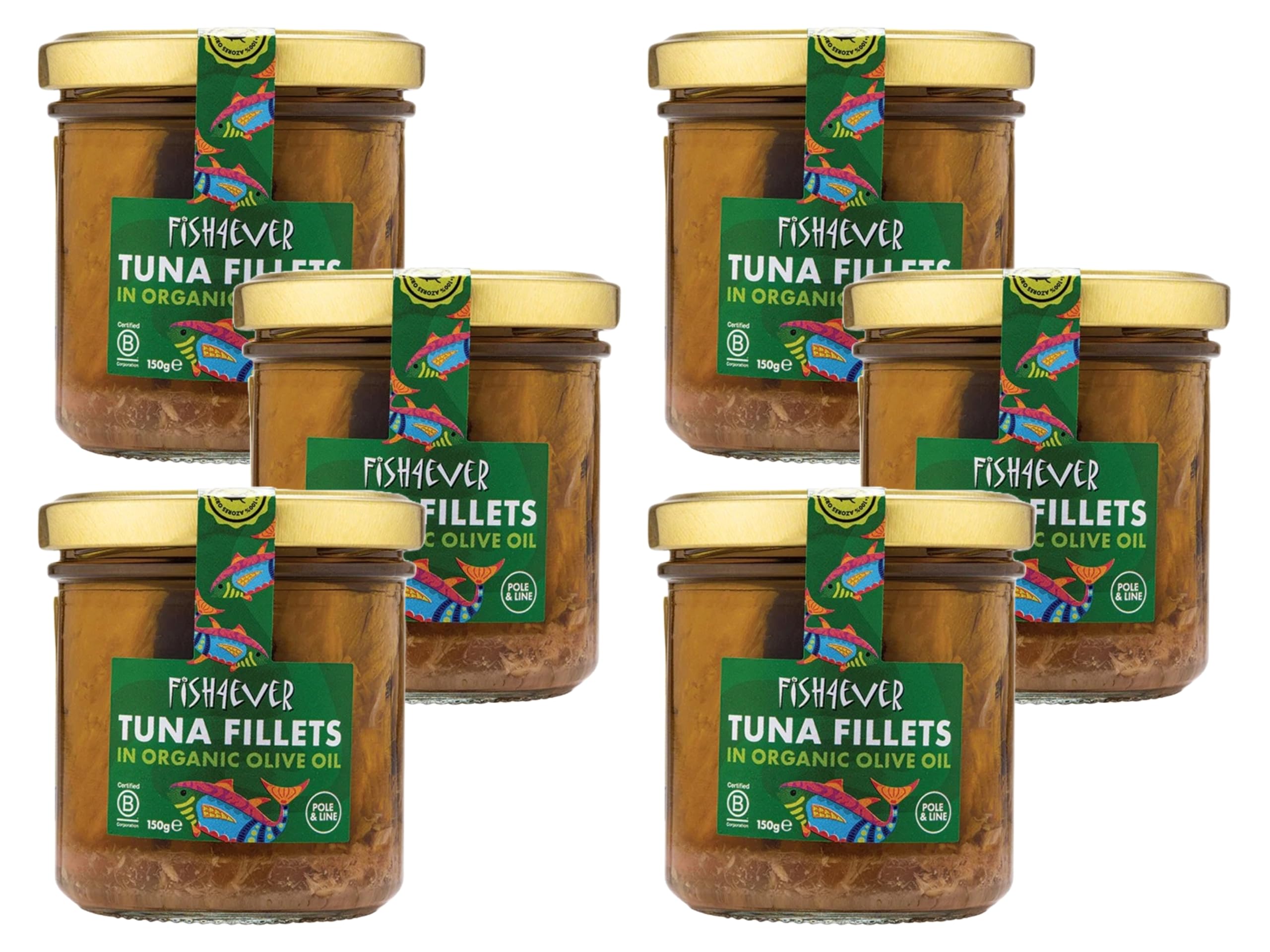 Fish 4 Ever | Skipjack Tuna Fillets in Organic Olive Oil - Sustainably Fished. Canned Glass Jar Food Rich In Omega-3. Great Used In Salads, Sandwich Spread Or Hot And Cold Snacks |150g (Pack of 6)