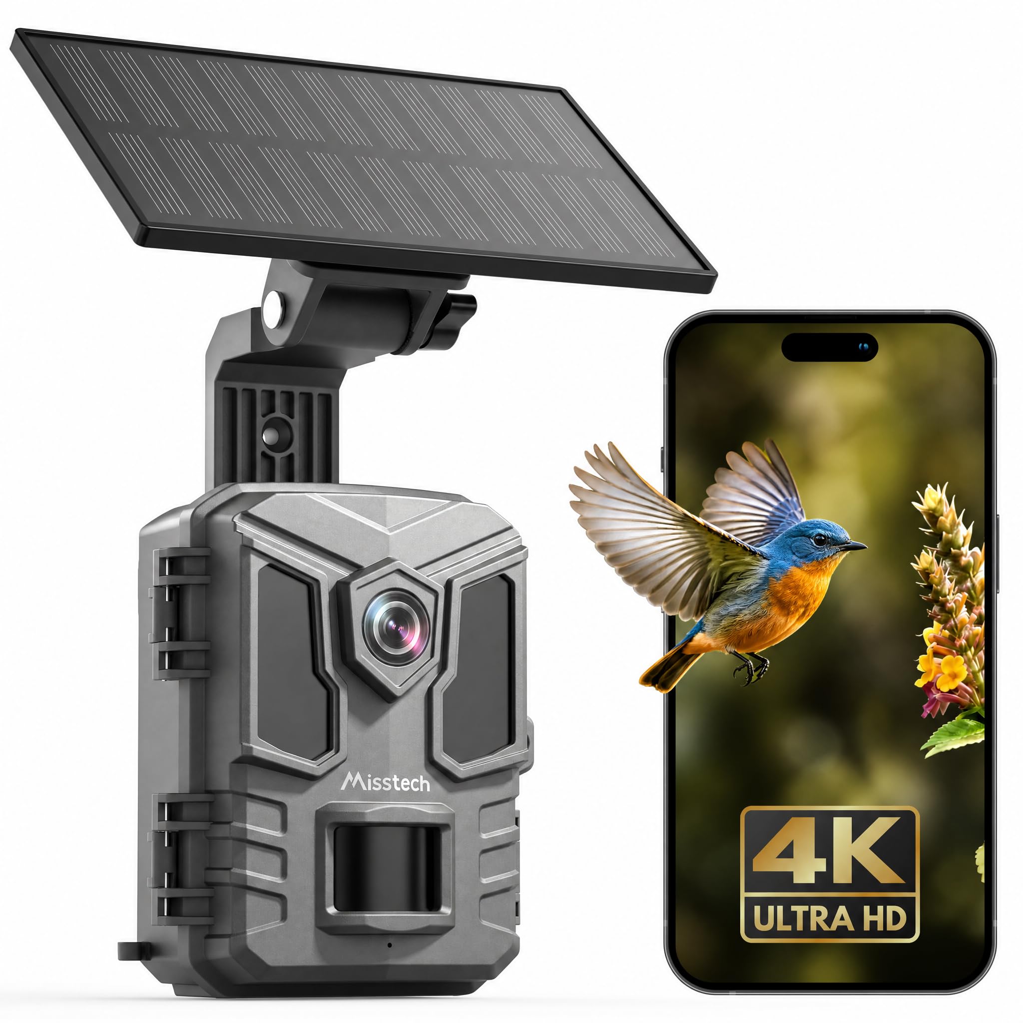 Misstech 4K 64MP UHD Solar Wildkamera mit Handyübertragung App, Klare Nachtsicht, 0,1s Bewegungsmelder, IP66